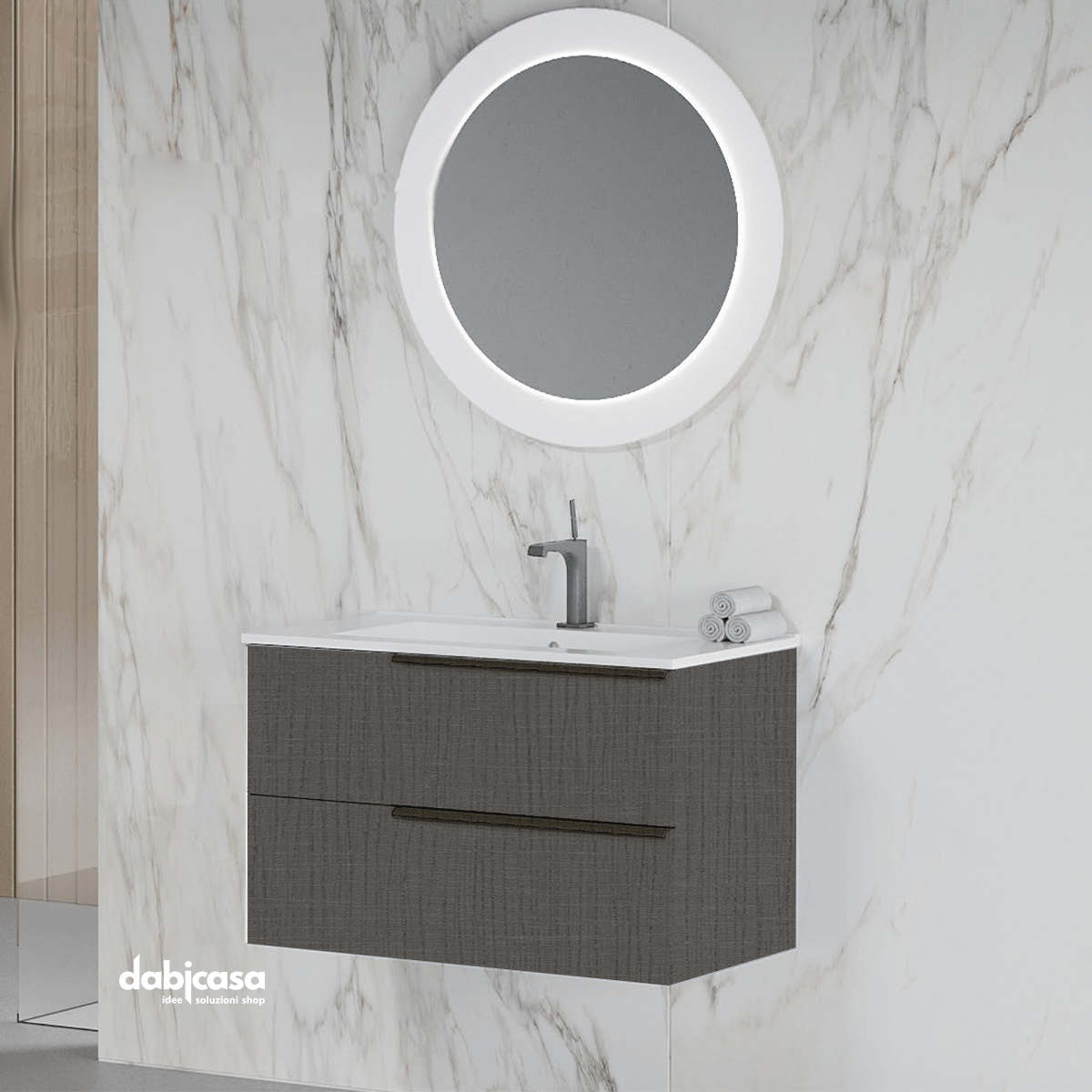 Mobile Bagno Sospeso "Oikos" Da 80 Cm Composto Da Due Cassetti Lavabo E Specchio Finitura Lino - Dabicasa