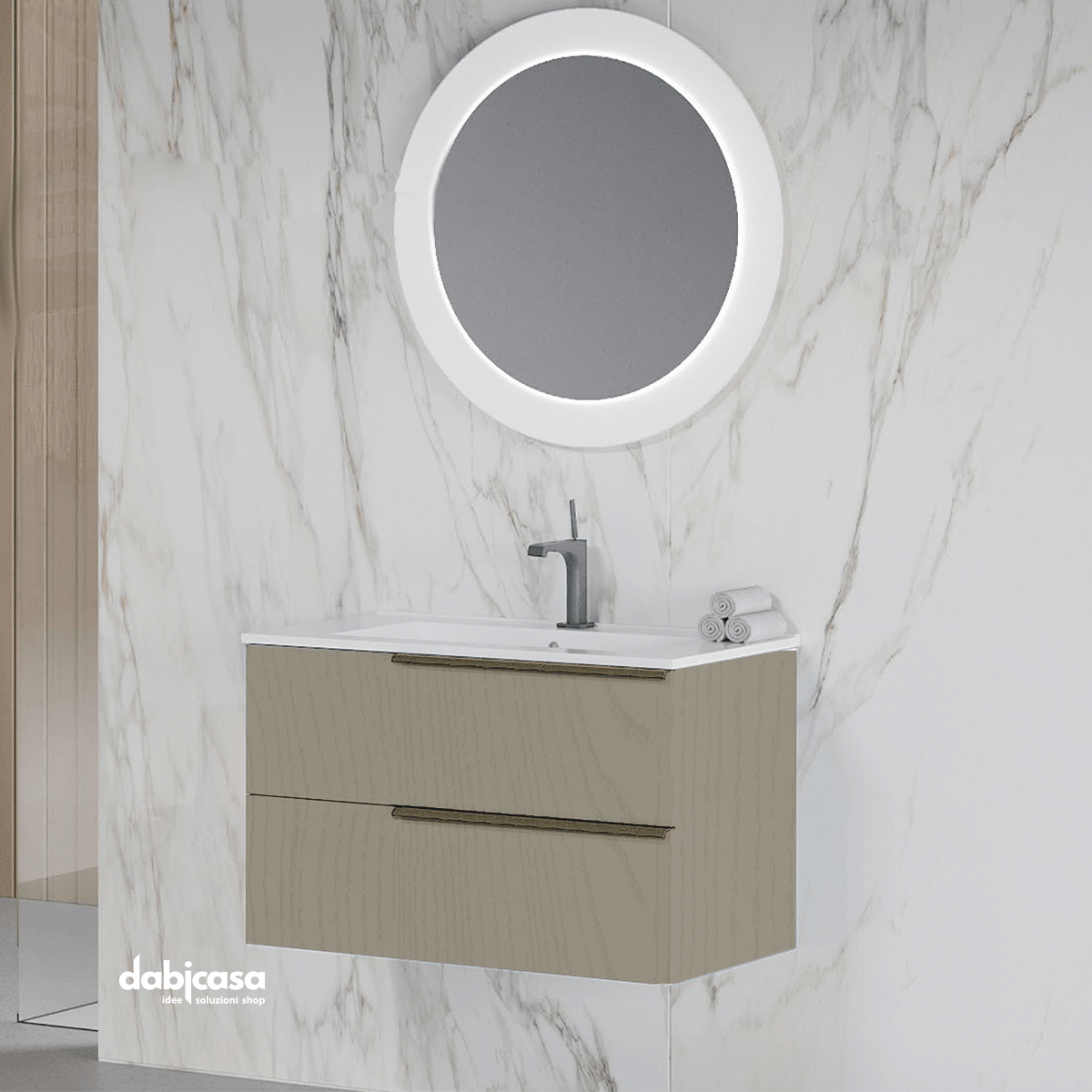 Mobile Bagno Sospeso "Oikos" Da 80 Cm Composto Da Due Cassetti Lavabo E Specchio Finitura Pietra - Dabicasa