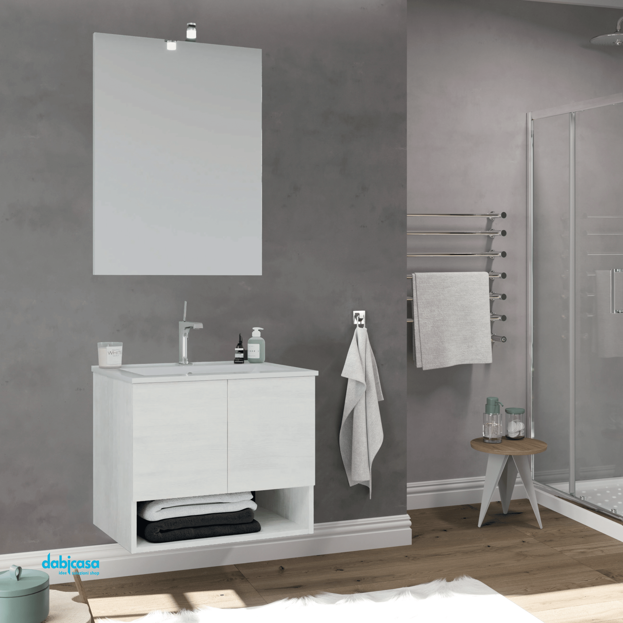 Mobile Bagno Sospeso "Oslo" Da 60 Cm Composto Da Due Ante Ed Un Vano a Giorno Lavabo E Specchio Con Lampada Led Finitura Rovere Bianco - Dabicasa