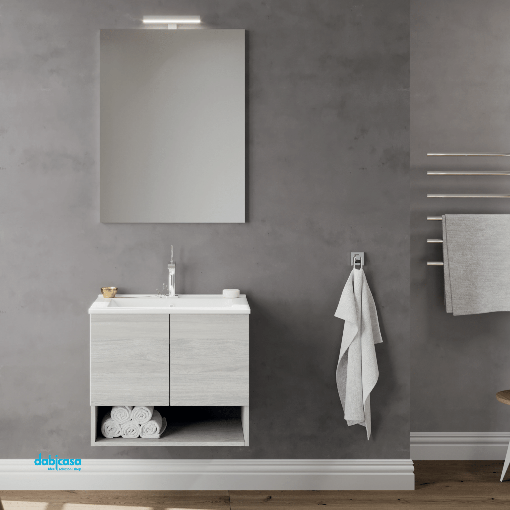 Mobile Bagno Sospeso "Oslo" Da 60 Cm Composto Da Due Ante Ed Un Vano a Giorno Lavabo E Specchio Con Lampada Led Finitura Rovere Grigio - Dabicasa