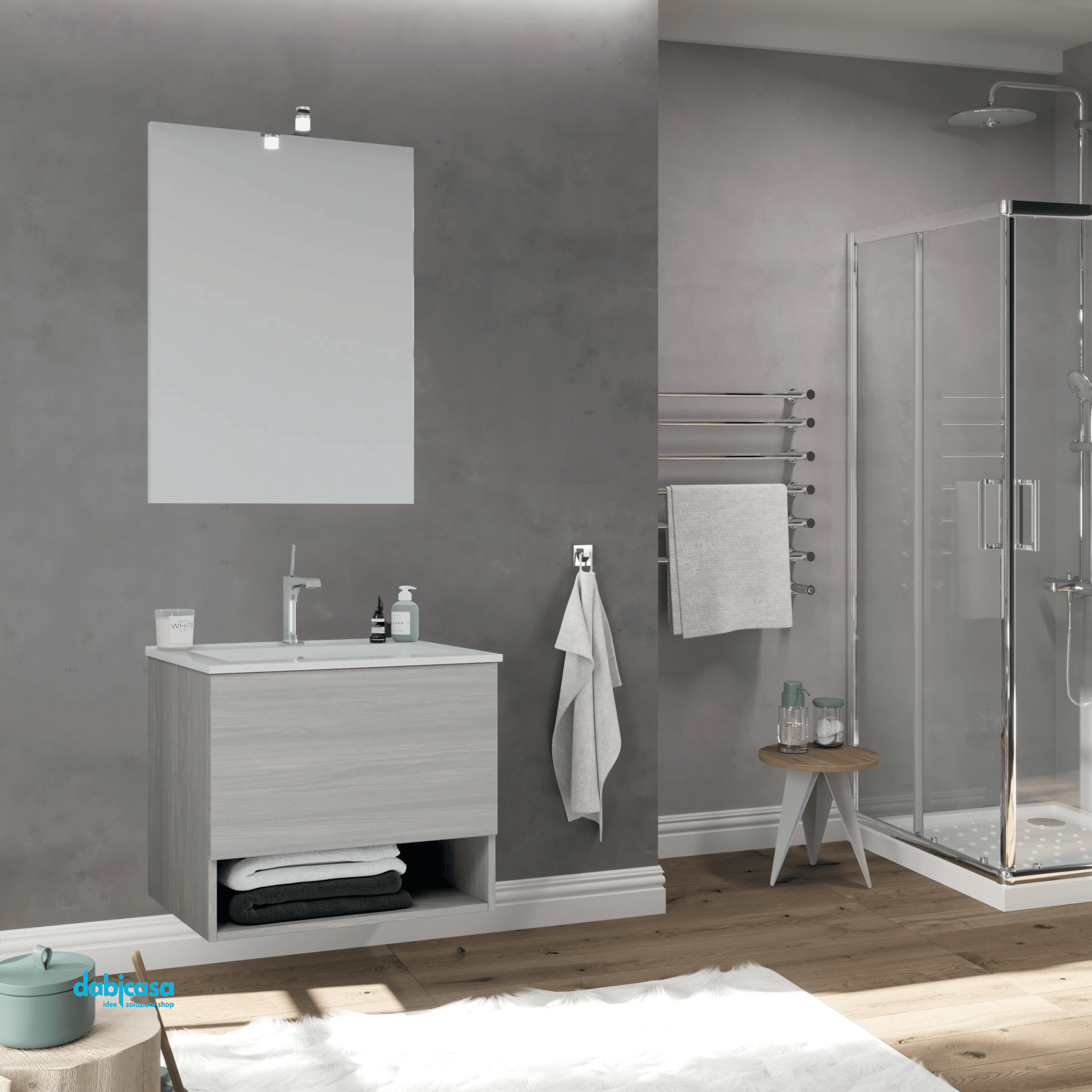 Mobile Bagno Sospeso "Oslo" Da 60 Cm Composto Da Un Cassetto Ed Un Vano a Giorno Lavabo E Specchio Con Lampada Led Finitura Rovere Grigio - Dabicasa