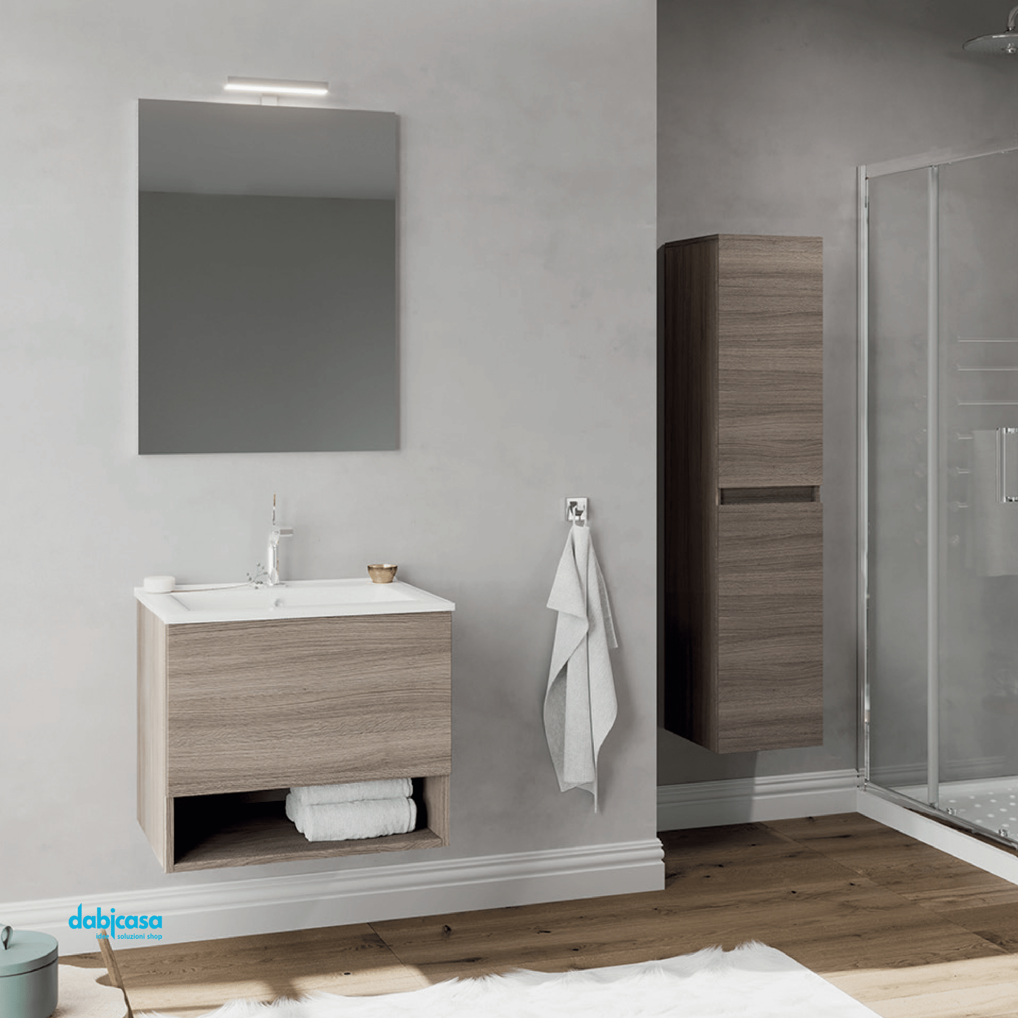 Mobile Bagno Sospeso "Oslo" Da 60 Cm Composto Da Un Cassetto Un Vano a Giorno Lavabo E Specchio Con Lampada Led Finitura Rovere Moro - Dabicasa