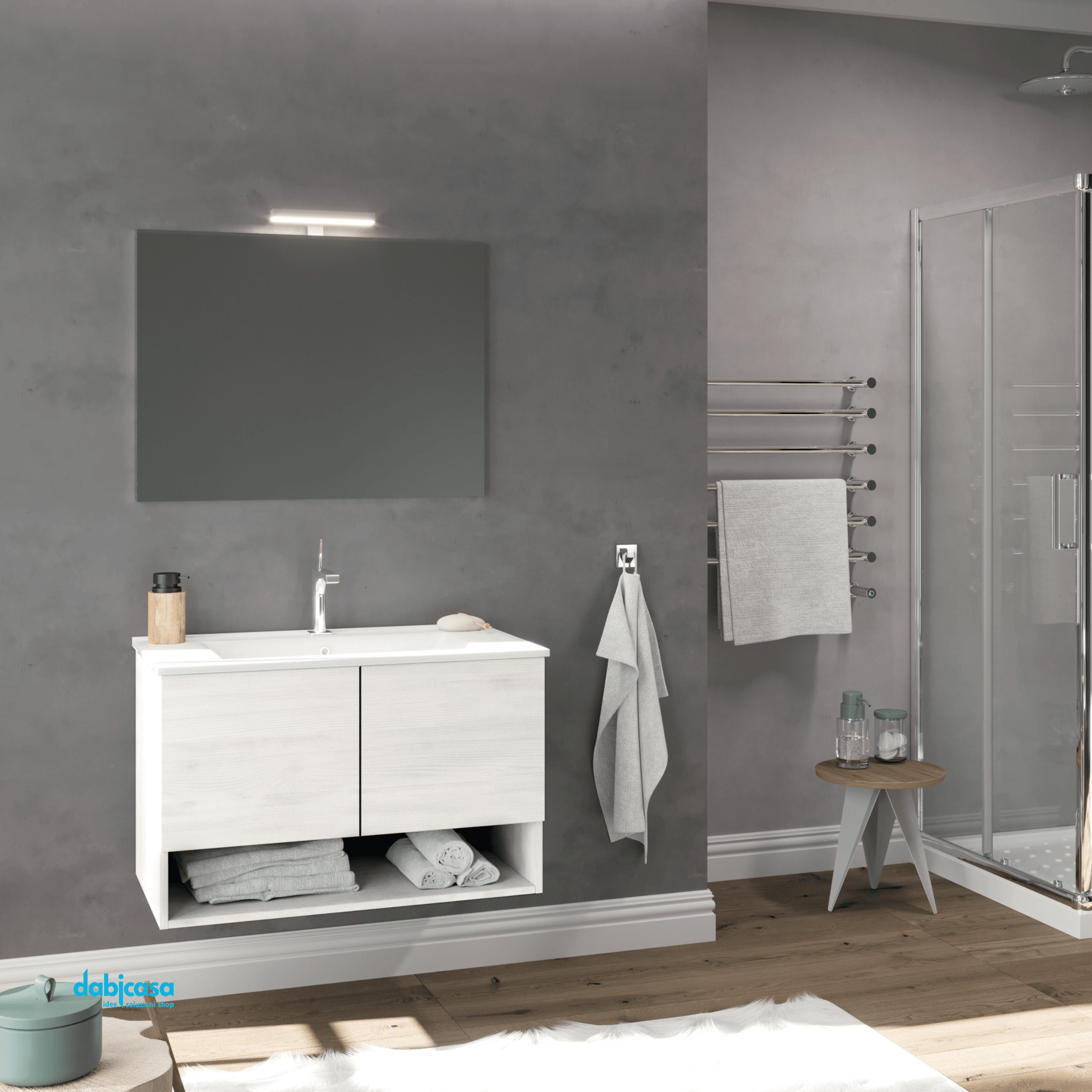 Mobile Bagno Sospeso "Oslo" Da 80 Cm Composto Da Due Ante Ed Un Vano a Giorno Lavabo E Specchio Con Lampada Led Finitura Rovere Bianco - Dabicasa