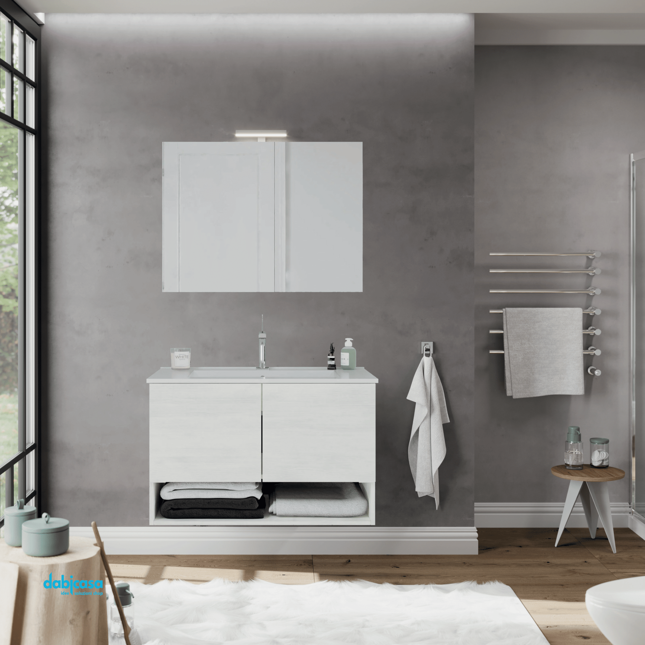 Mobile Bagno Sospeso "Oslo" Da 80 Cm Composto Da Due Ante Ed Un Vano a Giorno Lavabo E Specchio Con Lampada Led Finitura Rovere Bianco - Dabicasa