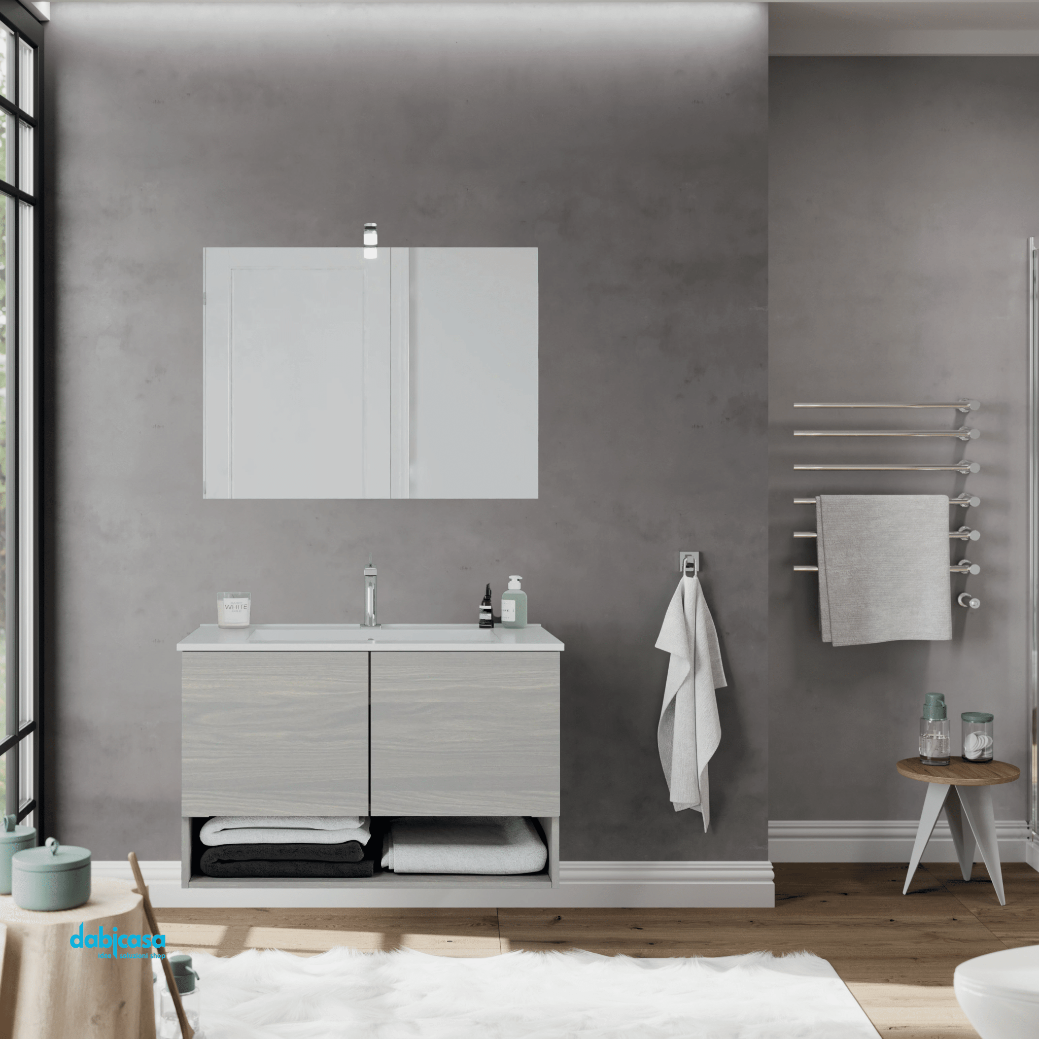 Mobile Bagno Sospeso "Oslo" Da 80 Cm Composto Da Due Ante Ed Un Vano a Giorno Lavabo E Specchio Con Lampada Led Finitura Rovere Grigio - Dabicasa