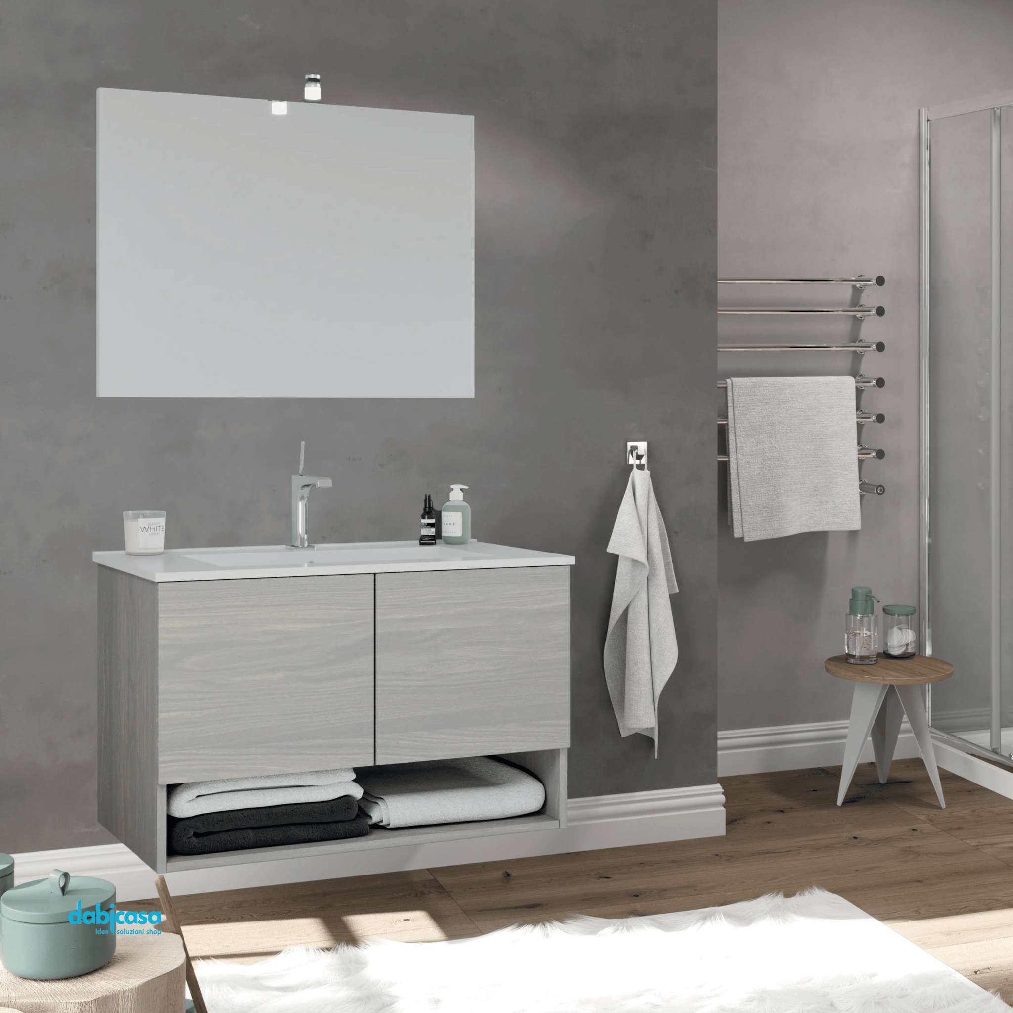 Mobile Bagno Sospeso "Oslo" Da 80 Cm Composto Da Due Ante Ed Un Vano a Giorno Lavabo E Specchio Con Lampada Led Finitura Rovere Grigio - Dabicasa