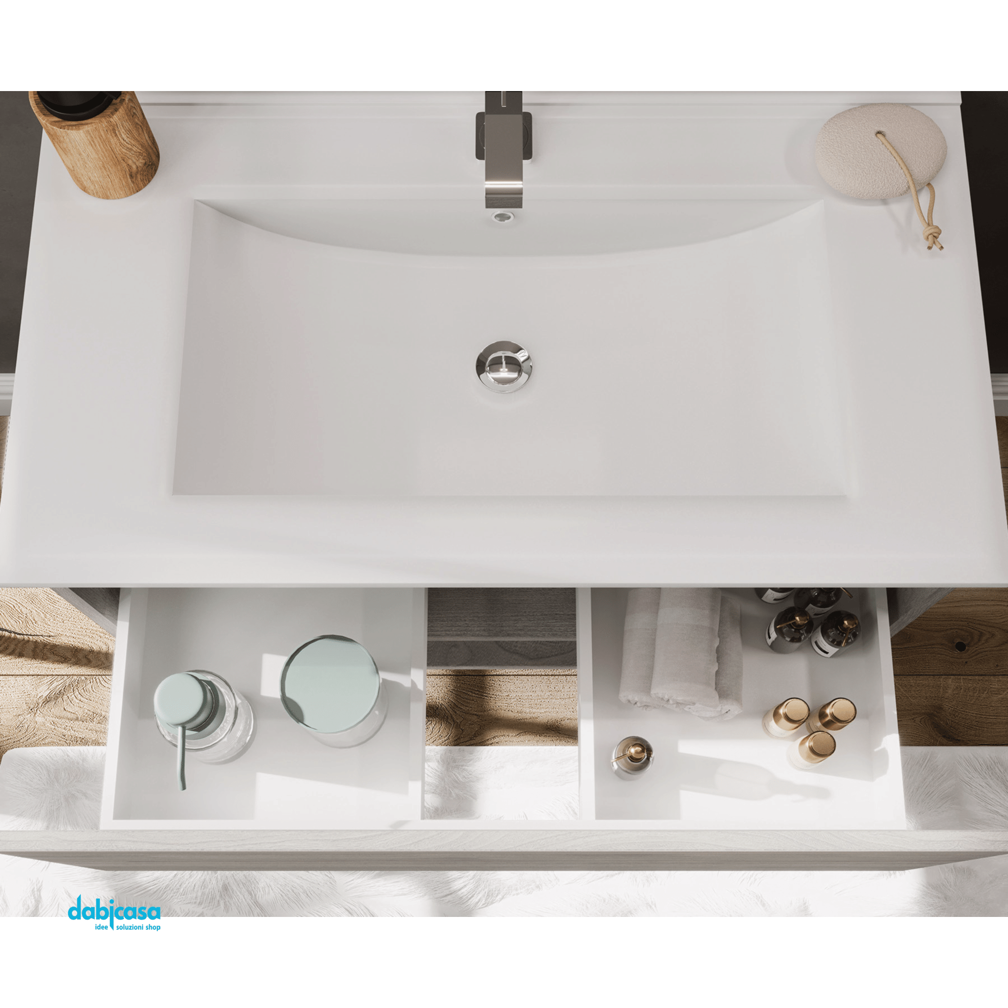 Mobile Bagno Sospeso "Oslo" Da 80 Cm Composto Da Un Cassetto Ed Un Vano a Giorno Lavabo E Specchio Con Lampada Led Finitura Rovere Bianco - Dabicasa