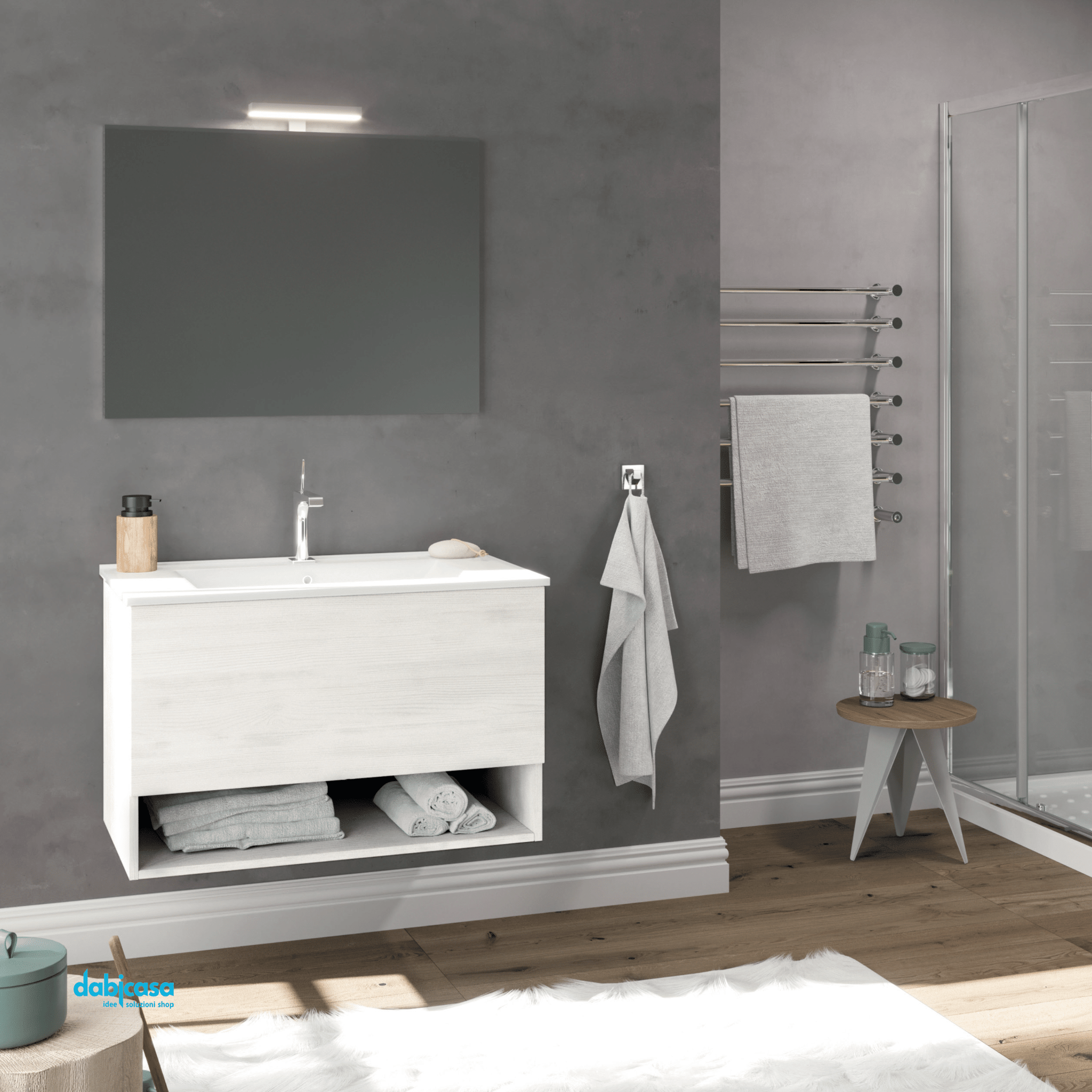 Mobile Bagno Sospeso "Oslo" Da 80 Cm Composto Da Un Cassetto Ed Un Vano a Giorno Lavabo E Specchio Con Lampada Led Finitura Rovere Bianco - Dabicasa