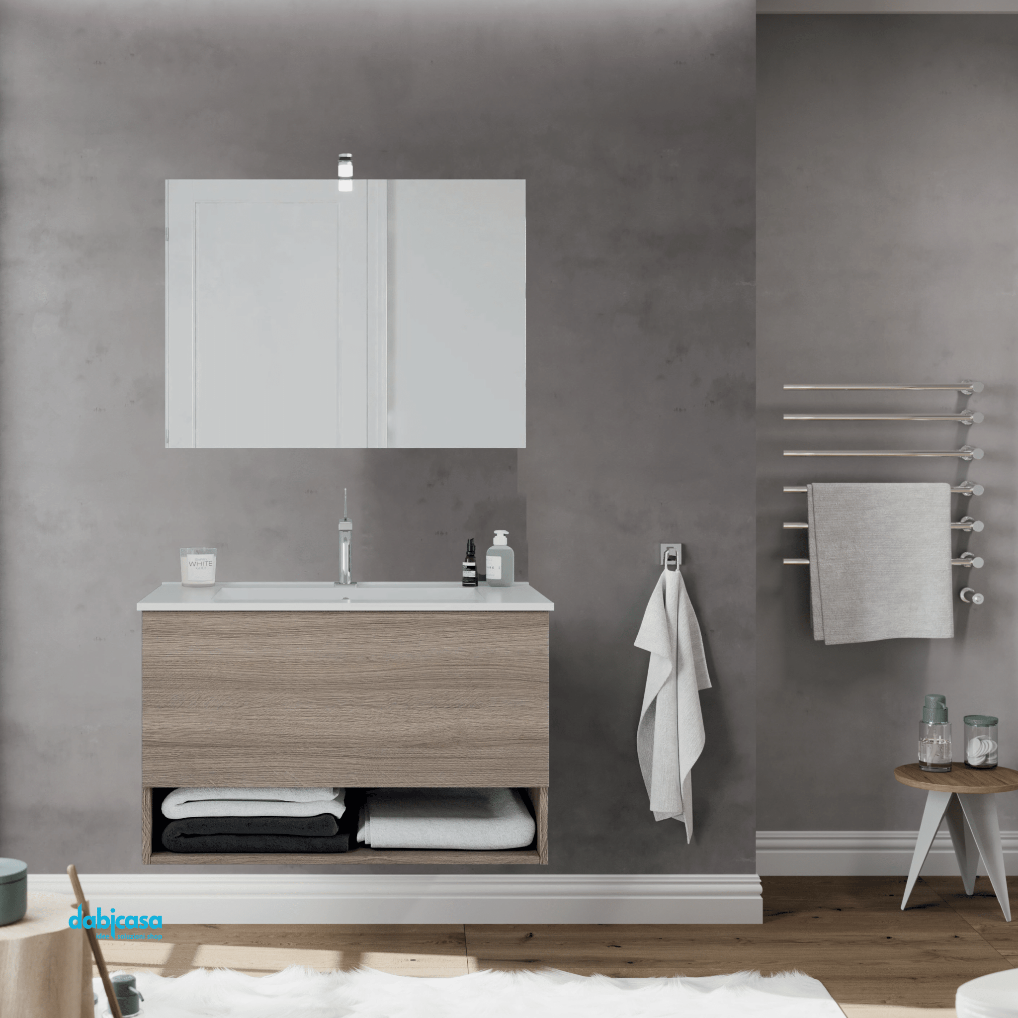 Mobile Bagno Sospeso "Oslo" Da 80 Cm Composto Da Un Cassetto Ed Un Vano a Giorno Lavabo E Specchio Con Lampada Led Finitura Rovere Fumo - Dabicasa