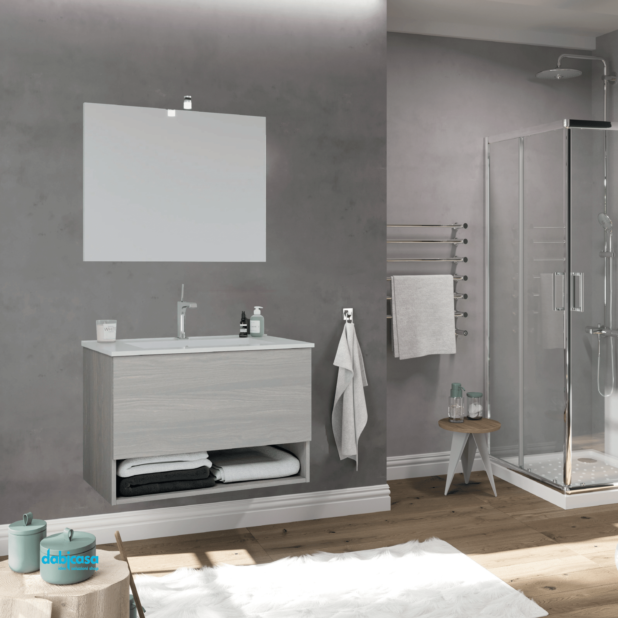 Mobile Bagno Sospeso "Oslo" Da 80 Cm Composto DaUn Cassetto Ed Un Vano a Giorno Lavabo E Specchio Con Lampada Led Finitura Rovere Grigio - Dabicasa