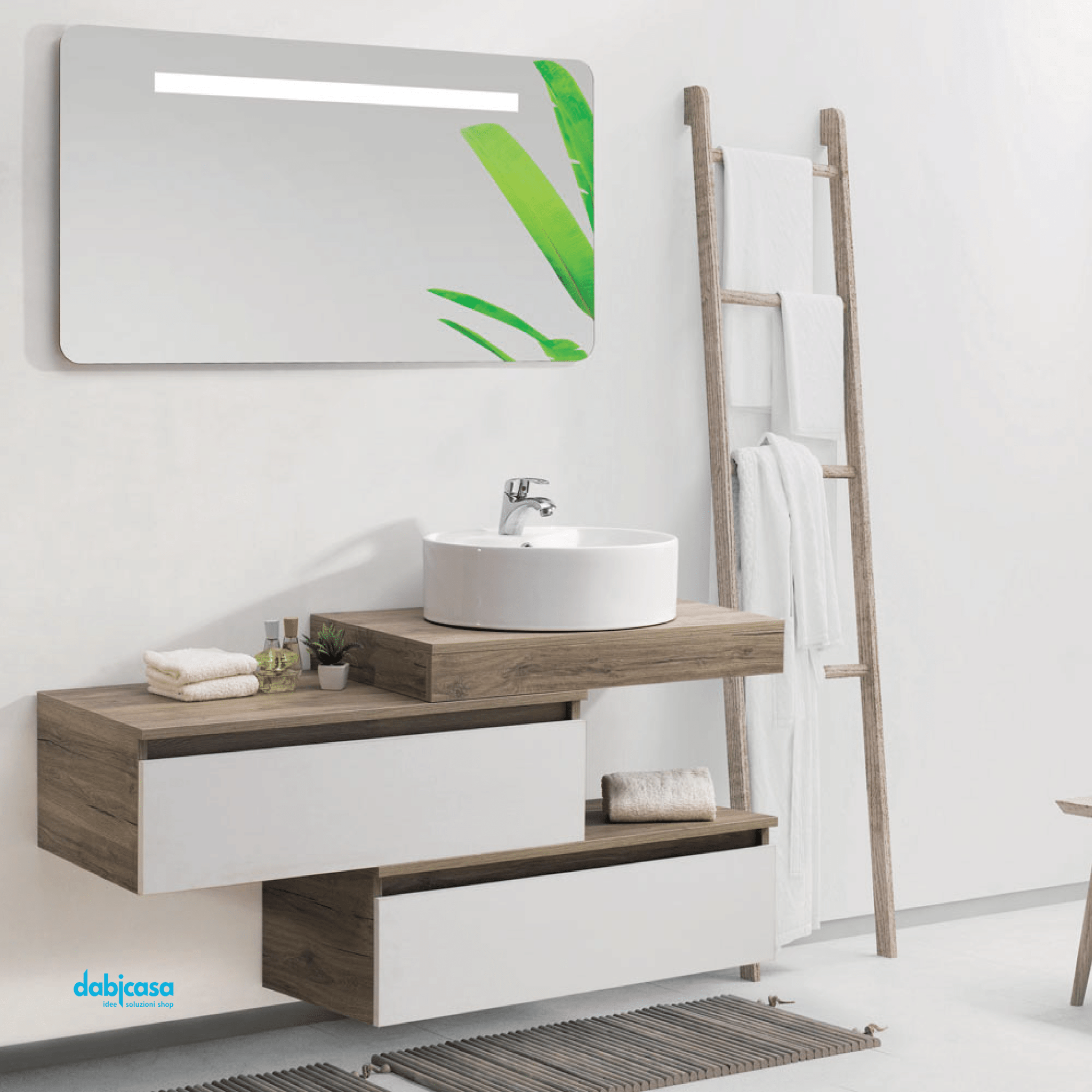 Mobile Bagno Sospeso "Otello" Da 90 Cm Composto Da Due Cassetti Sfalsati Ed Un Mensolone Con Lavabo E Specchio Con Barra Led - Dabicasa