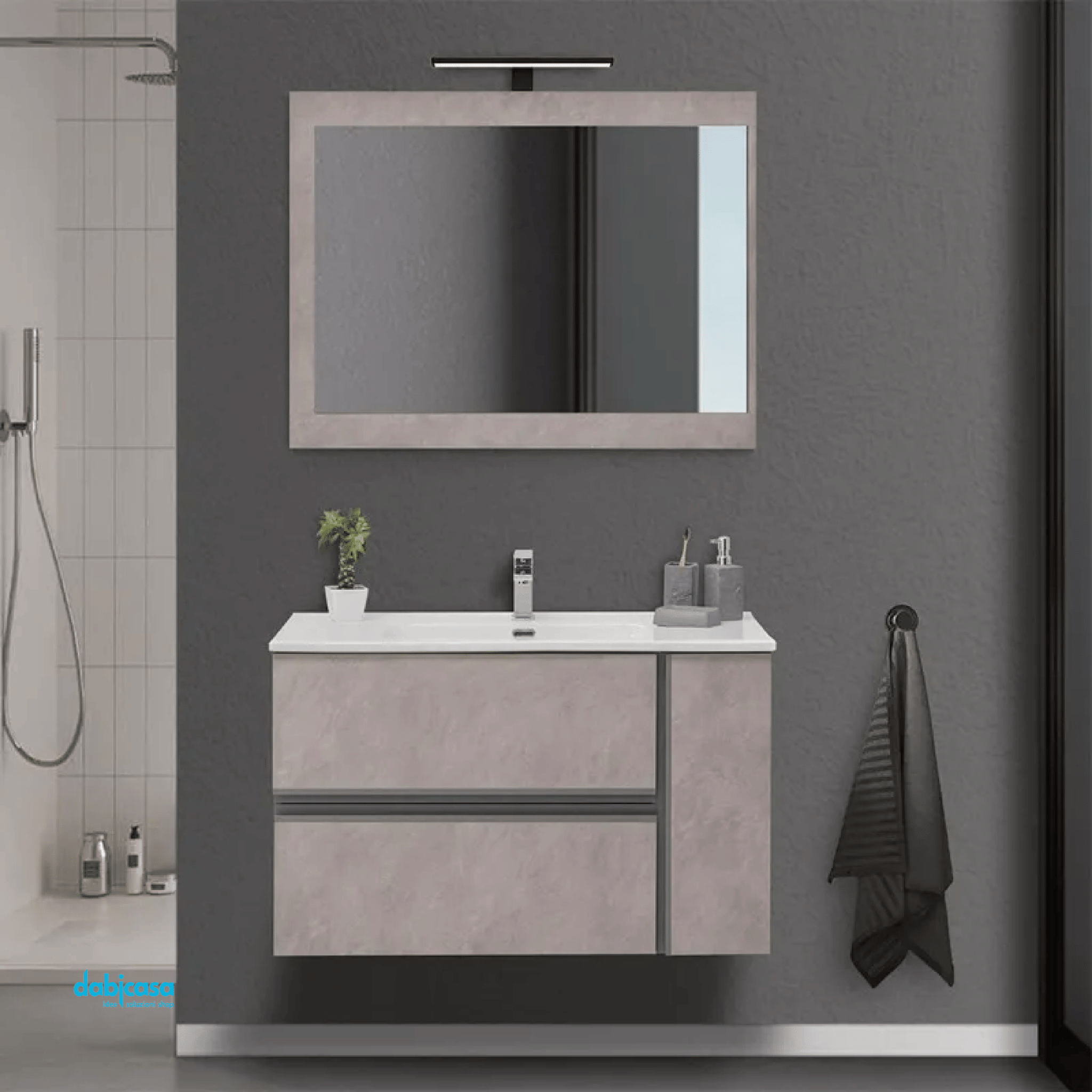 Mobile Bagno Sospeso "Oxid" Da 90 Con Due Cassetti Ed Un'Anta Lavabo E Specchio Finitura Beton Cenere - Dabicasa