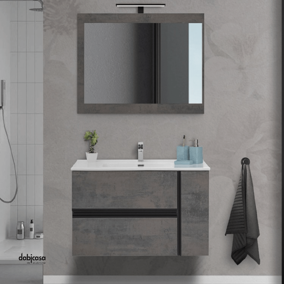 Mobile Bagno Sospeso "Oxid" Da 90 Con Due Cassetti Ed Un'Anta Lavabo E Specchio Finitura Ossido Grigio - Dabicasa