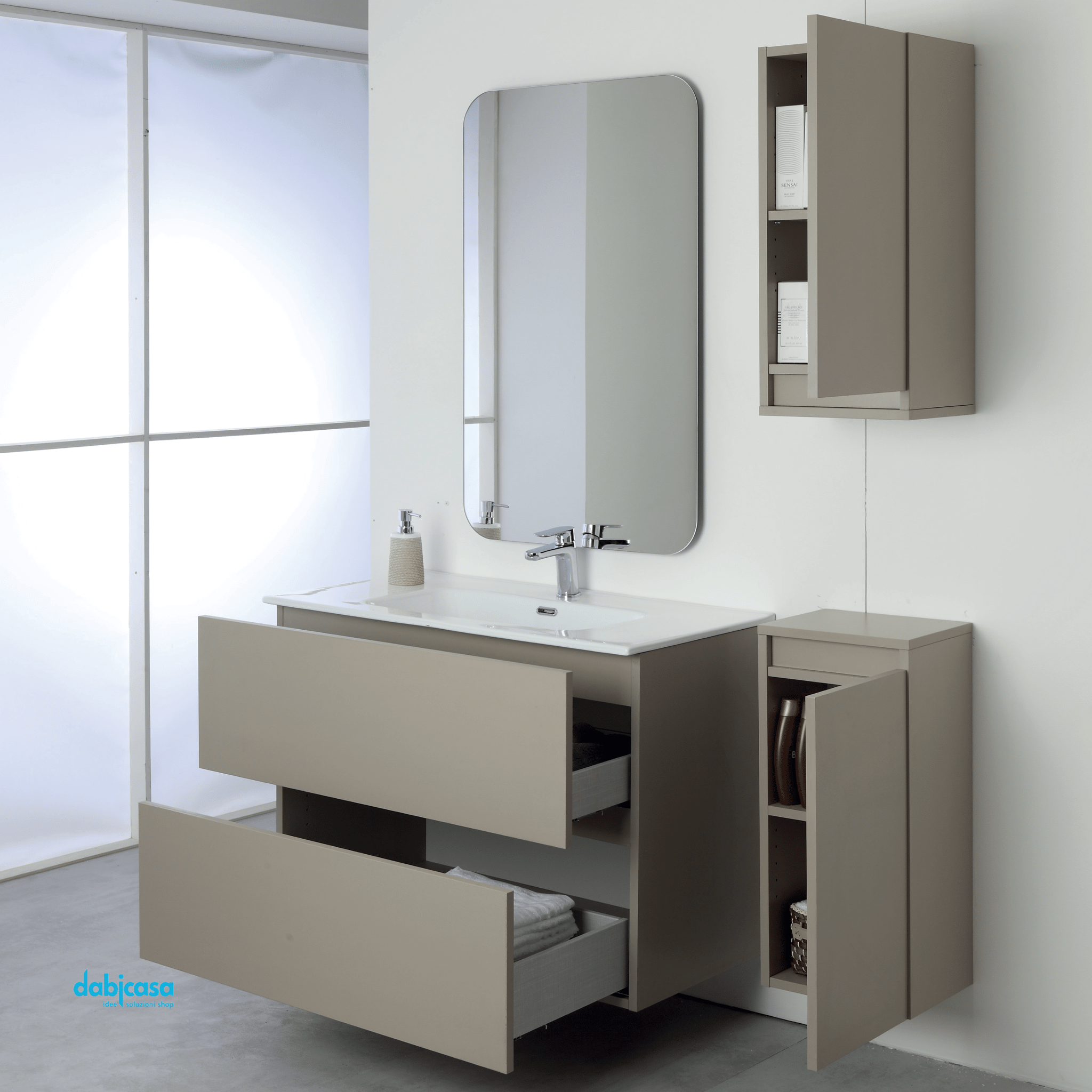 Mobile Bagno Sospeso "Pastello" Da 90 Cm Composto Da Due Cassetti Lavabo E Specchio Finitura Tortora - Dabicasa