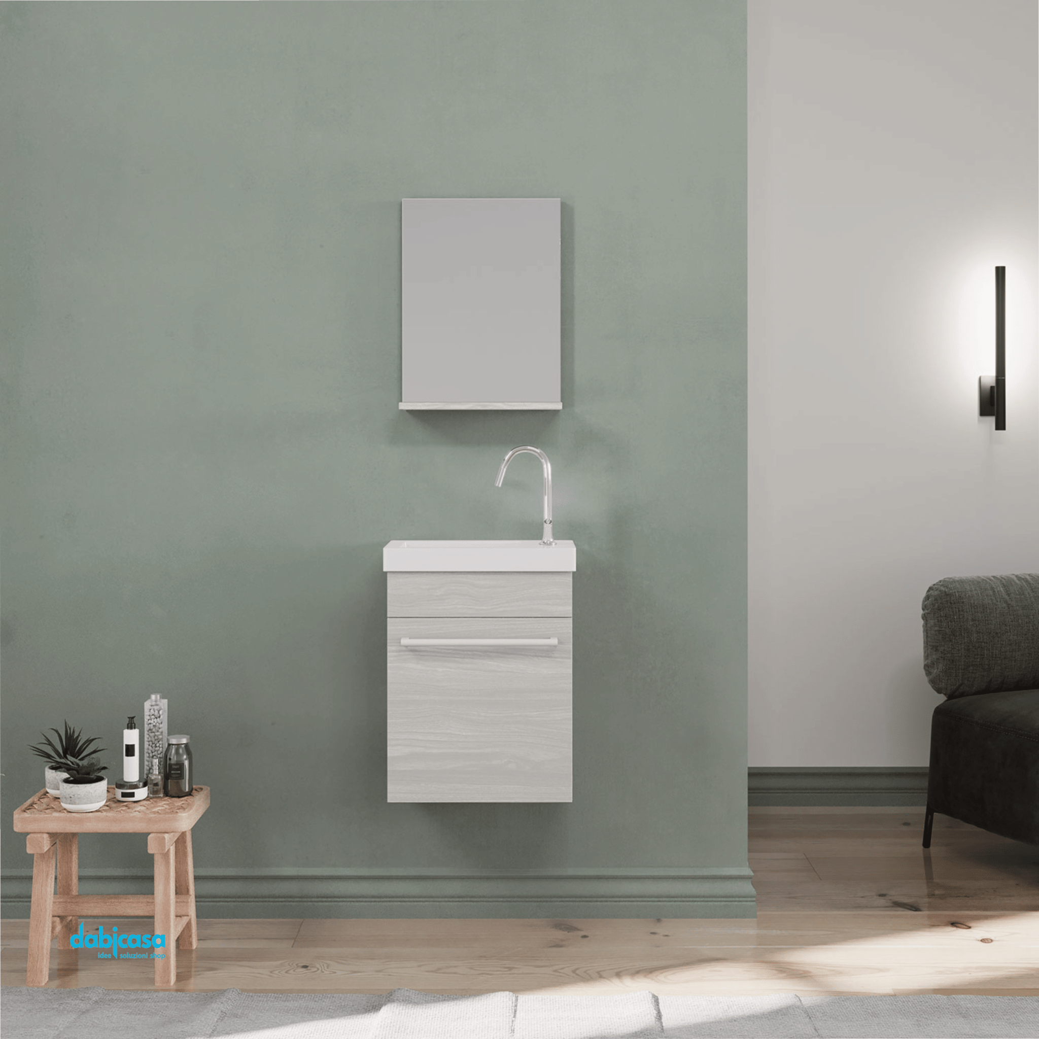 Mobile Bagno Sospeso "Perla" Da 42 Cm Composto Da Un'Anta Lavabo E Specchio Con Mensola Finitura Rovere Grigio - Dabicasa