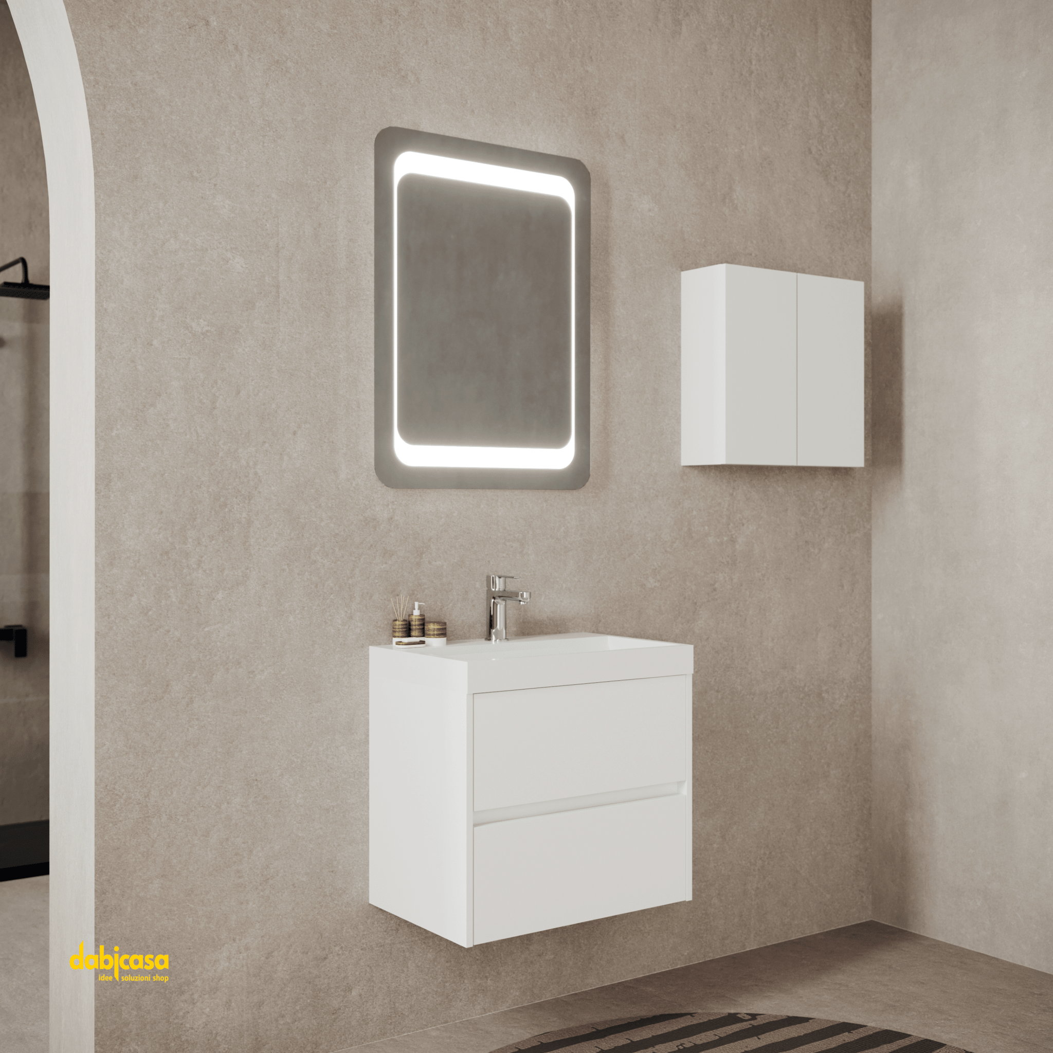 Mobile Bagno Sospeso "Portofino" Da 60 Cm Composto Da Due Cassetti Lavabo E Specchio Finitura Bianco Lucido - Dabicasa