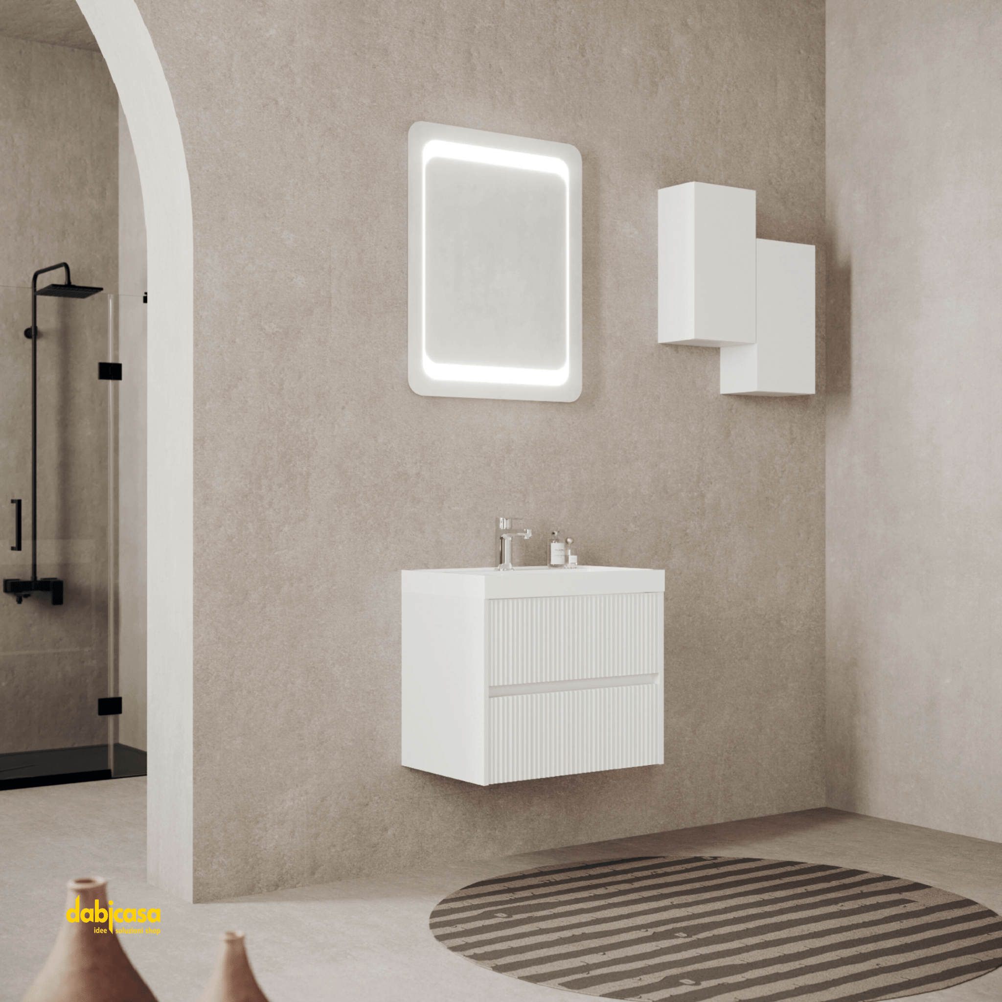 Mobile Bagno Sospeso "Portofino" Da 60 Cm Composto Da Due Cassetti Lavabo E Specchio Finitura Bianco Lucido - Dabicasa