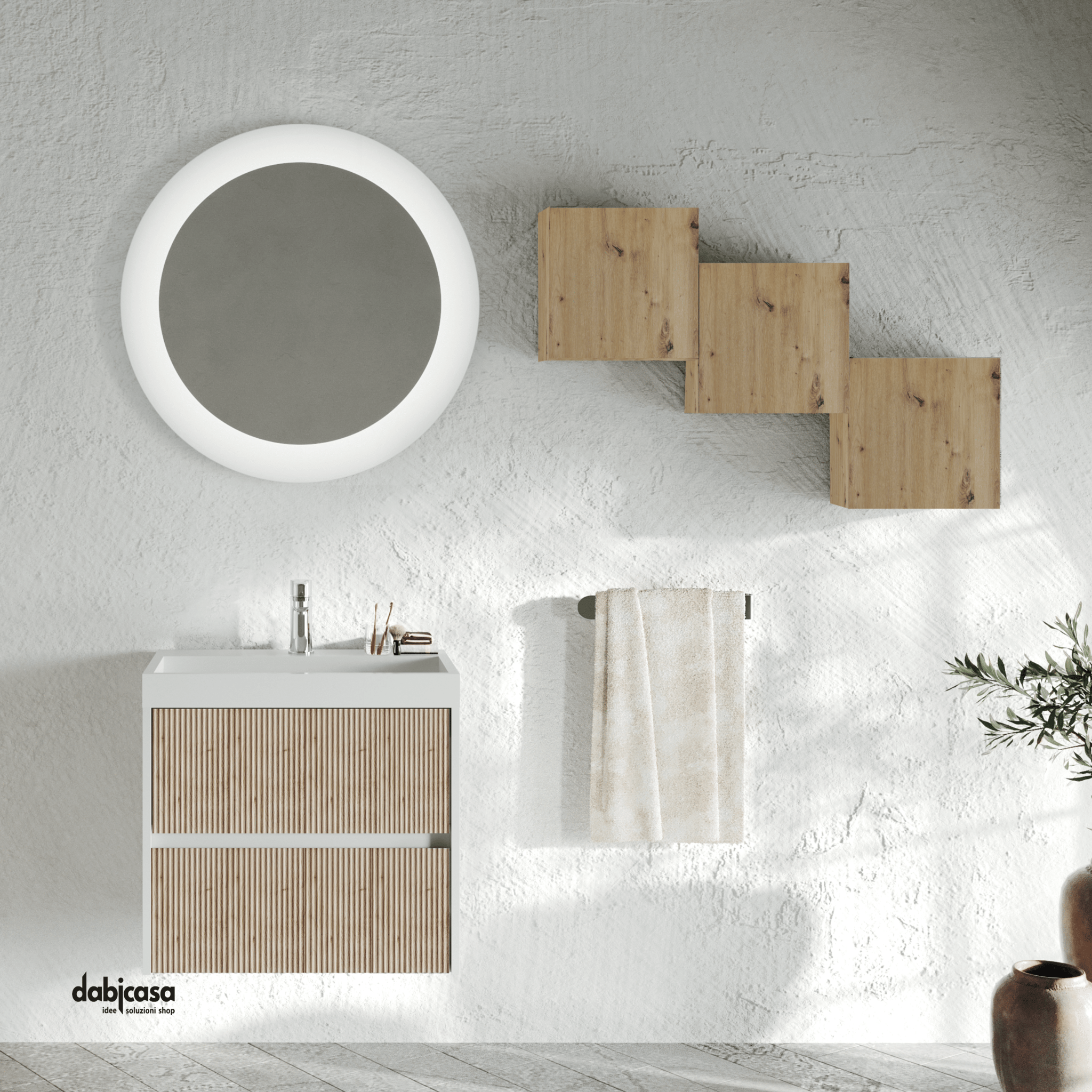 Mobile Bagno Sospeso "Portofino" Da 60 Cm Composto Da Due Cassetti Lavabo E Specchio Finitura Rovere Oro - Dabicasa