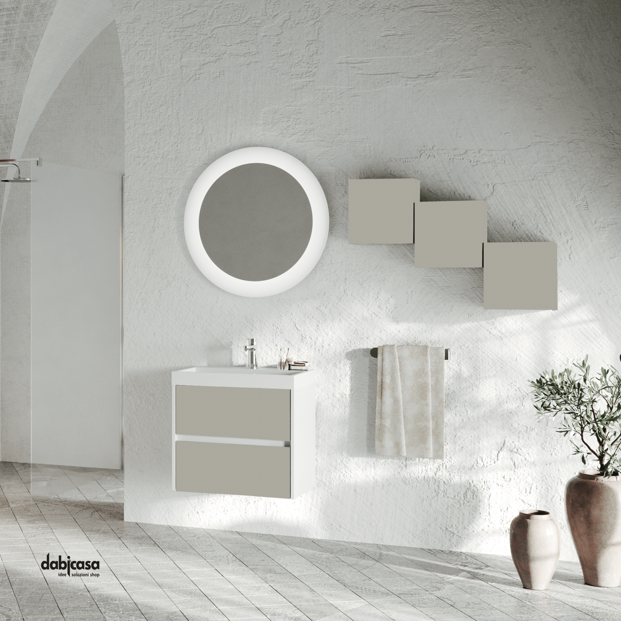 Mobile Bagno Sospeso "Portofino" Da 60 Cm Composto Da Due Cassetti Lavabo E Specchio Finitura Tortora Opaco - Dabicasa