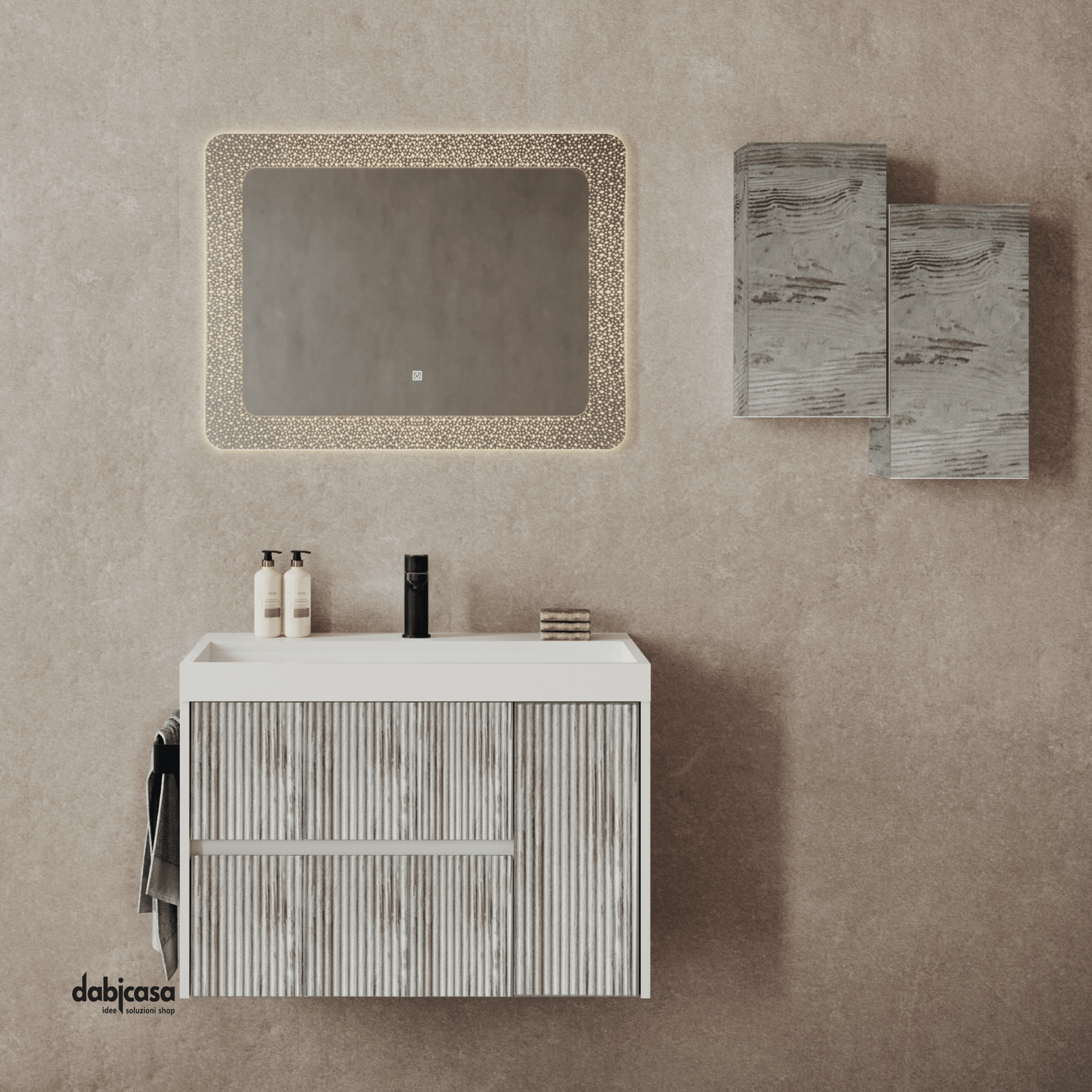 Mobile Bagno Sospeso "Portofino" Da 80 Cm Composto Da Due Cassetti Ed Un Anta Lavabo E Specchio Finitura Grigio Antico - Dabicasa