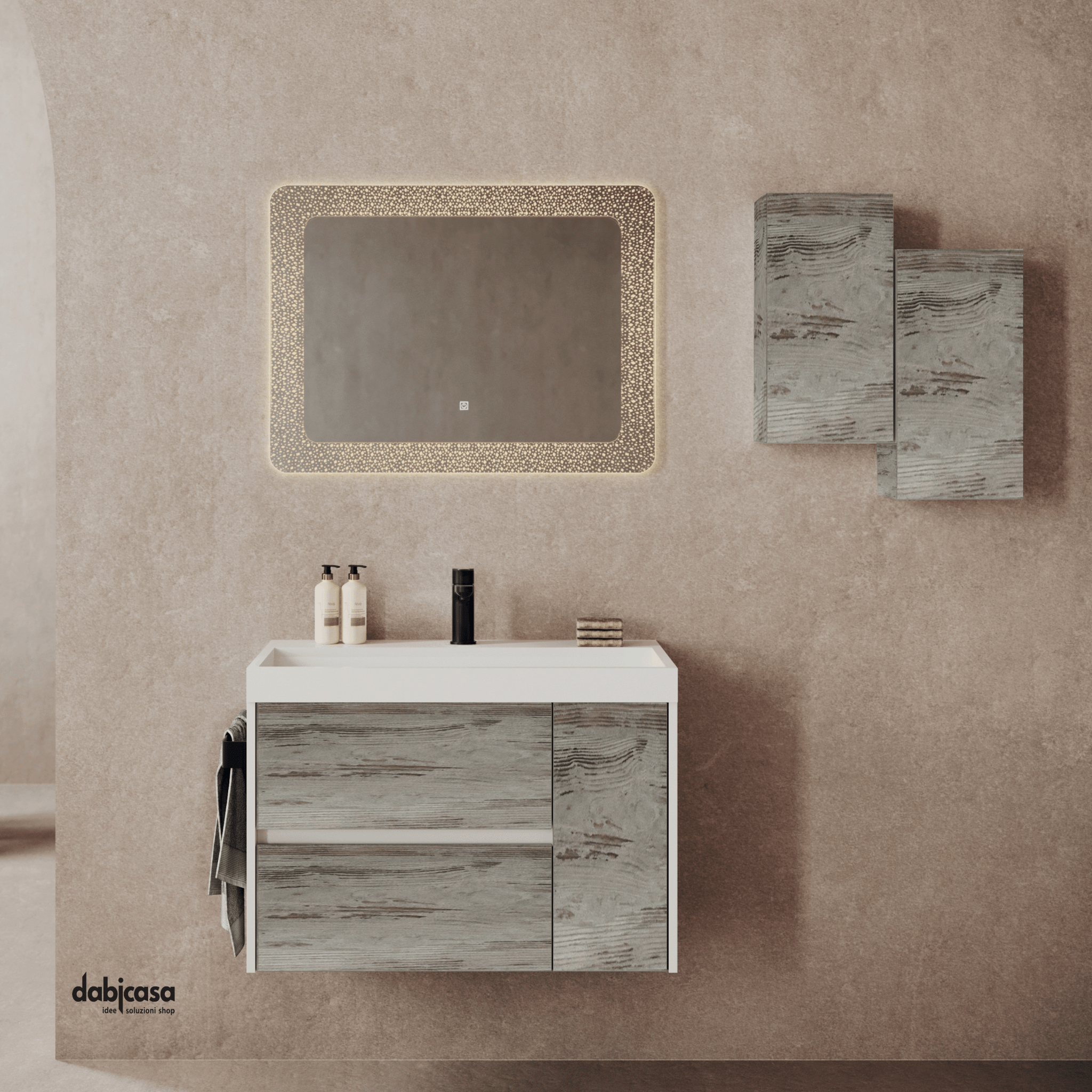 Mobile Bagno Sospeso "Portofino" Da 80 Cm Composto Da Due Cassetti Ed Un Anta Lavabo E Specchio Finitura Grigio Antico - Dabicasa