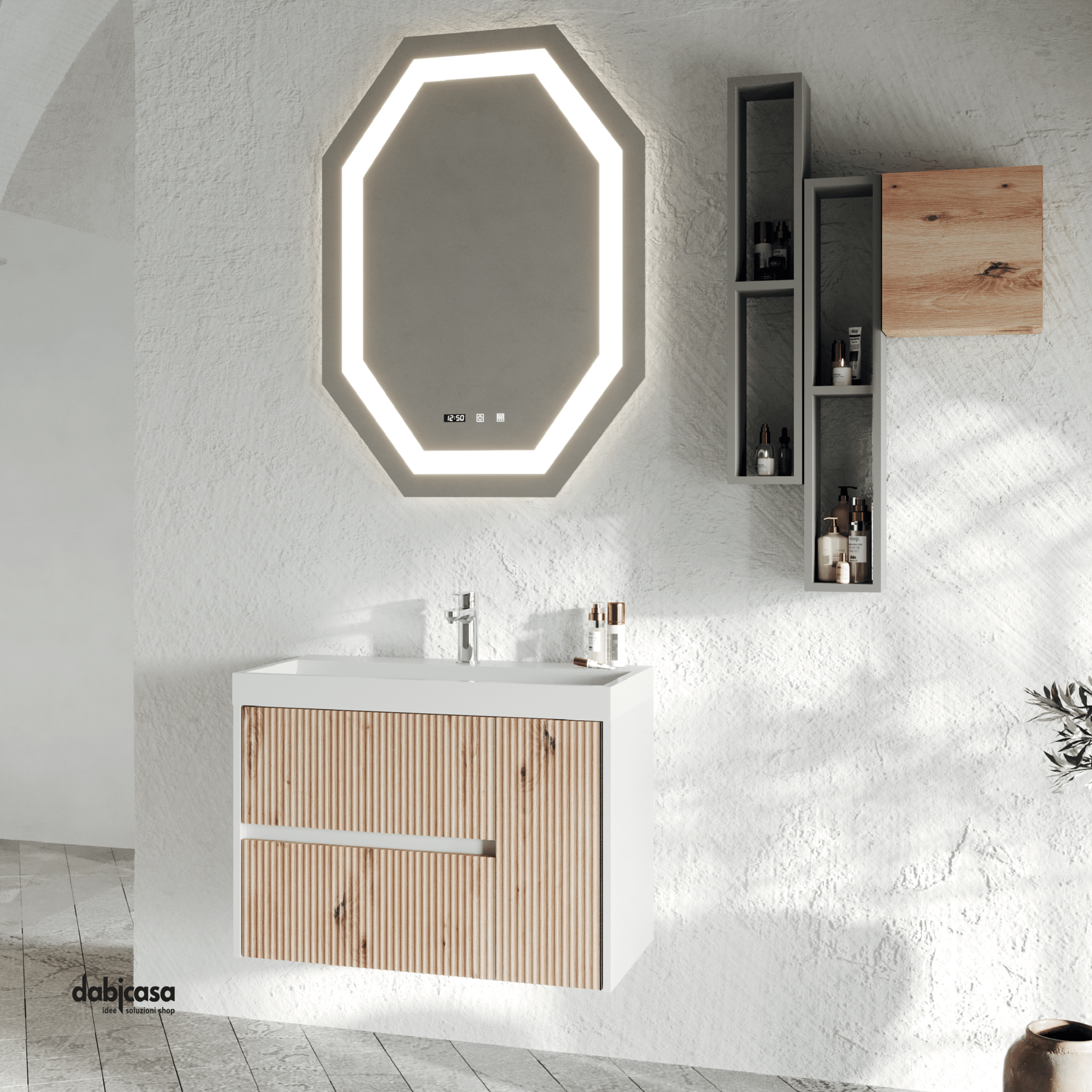 Mobile Bagno Sospeso "Portofino" Da 80 Cm Composto Da Due Cassetti Ed Un'Anta Lavabo E Specchio Finitura Rovere Oro - Dabicasa