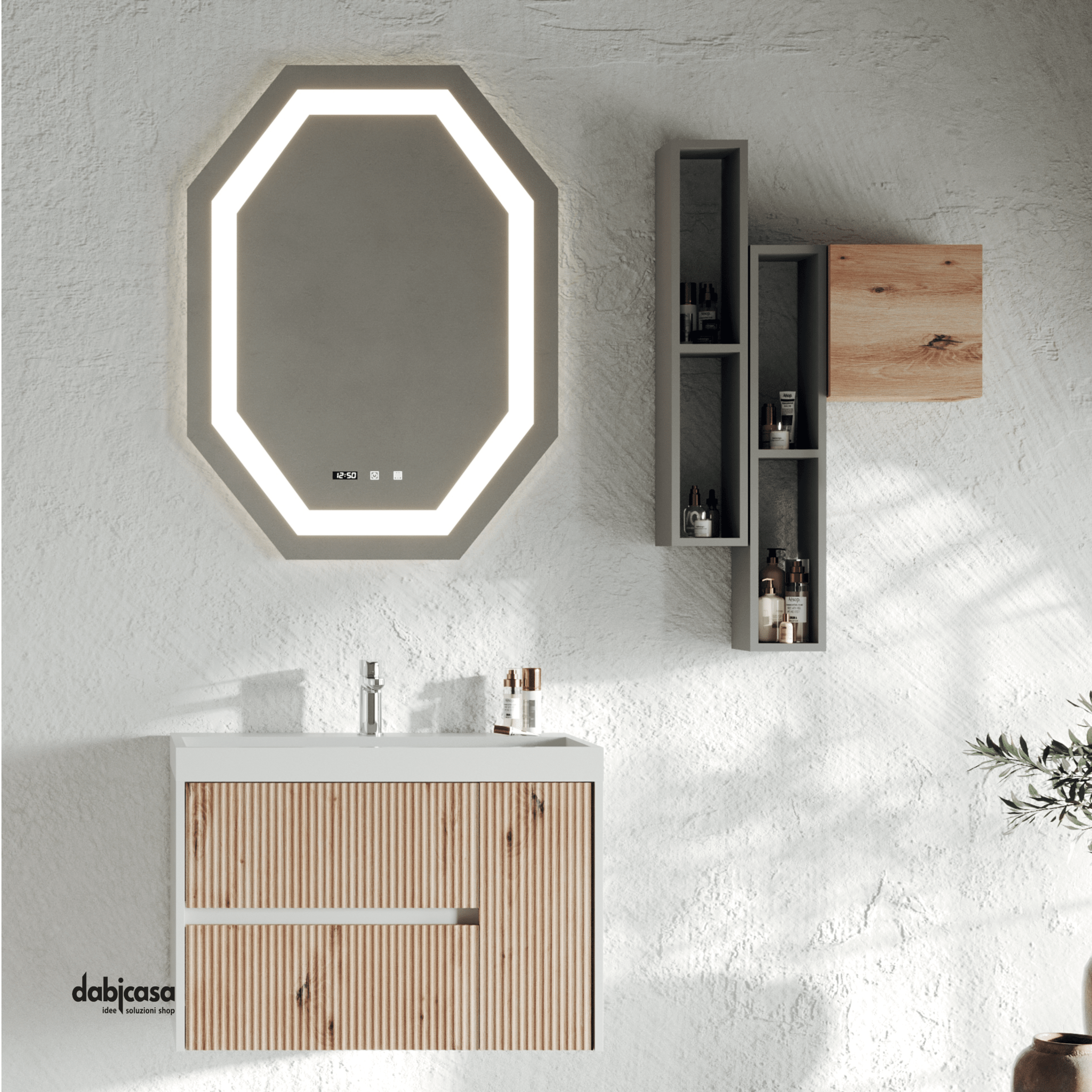 Mobile Bagno Sospeso "Portofino" Da 80 Cm Composto Da Due Cassetti Ed Un'Anta Lavabo E Specchio Finitura Rovere Oro - Dabicasa