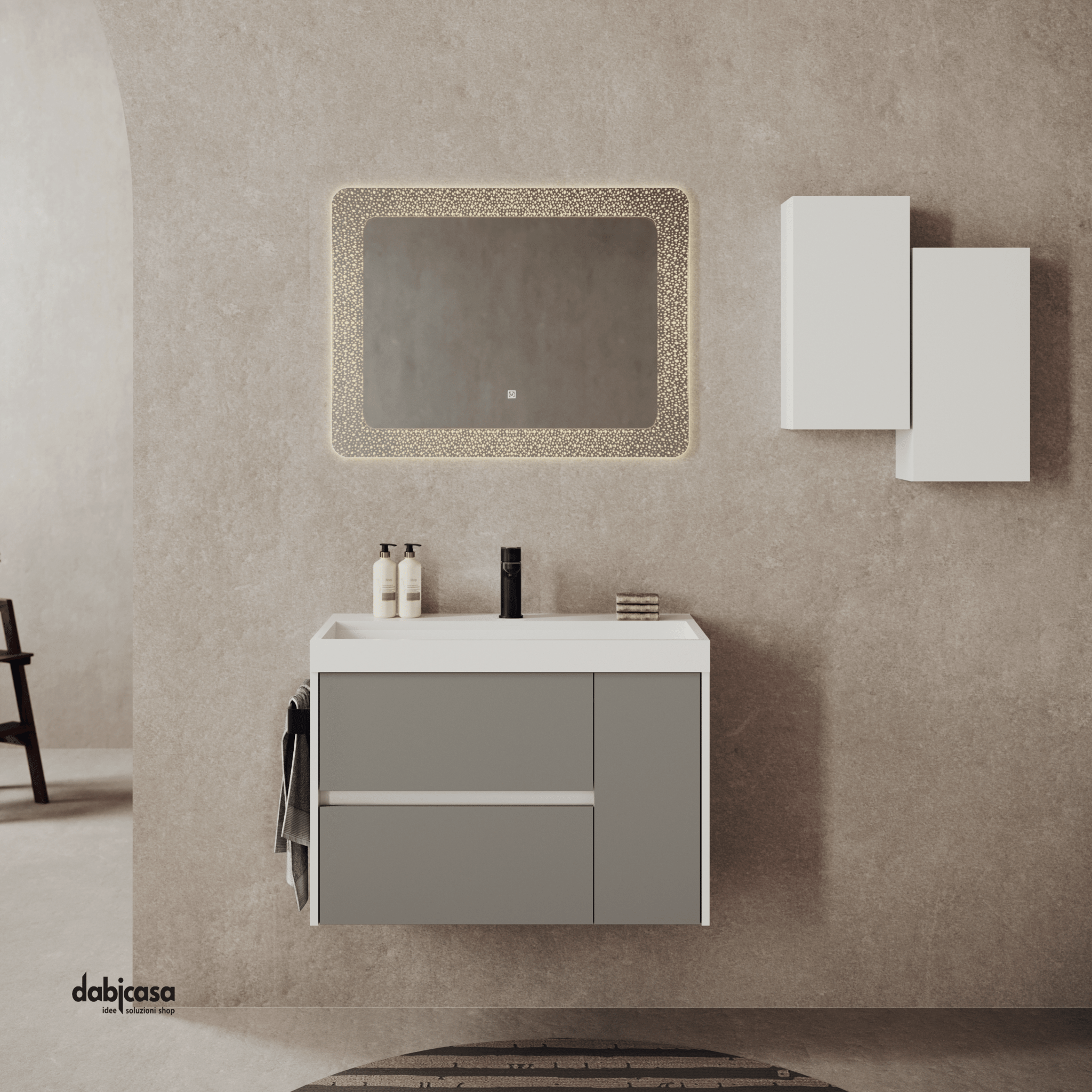 Mobile Bagno Sospeso "Portofino" Da 80 Cm Composto Da Due Cassetti Ed Un'Anta Lavabo E Specchio Finitura Tortora Opaco - Dabicasa