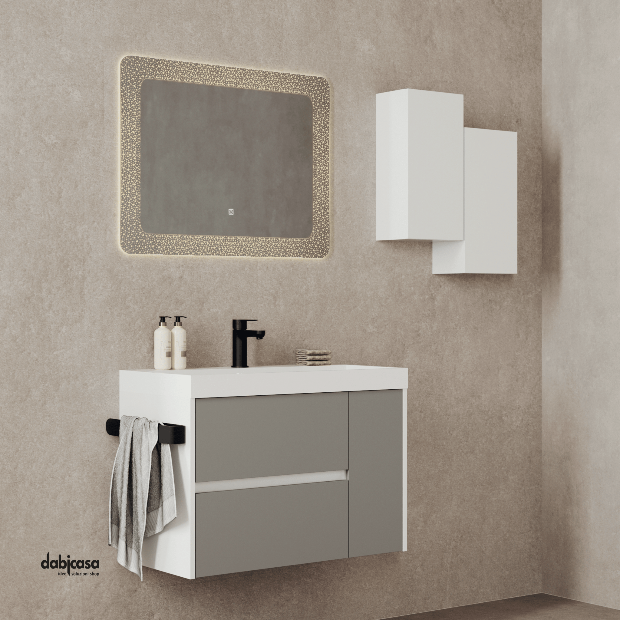 Mobile Bagno Sospeso "Portofino" Da 80 Cm Composto Da Due Cassetti Ed Un'Anta Lavabo E Specchio Finitura Tortora Opaco - Dabicasa