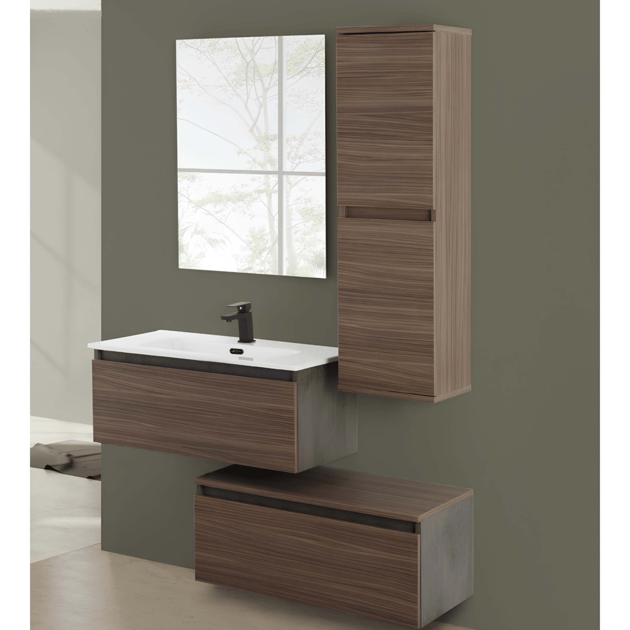 Mobile Bagno Sospeso Sfalsato 80 Cm Due Cassetti Specchio Feridras "Revital" Ossido Grigio/Noce Canaletto - Dabicasa