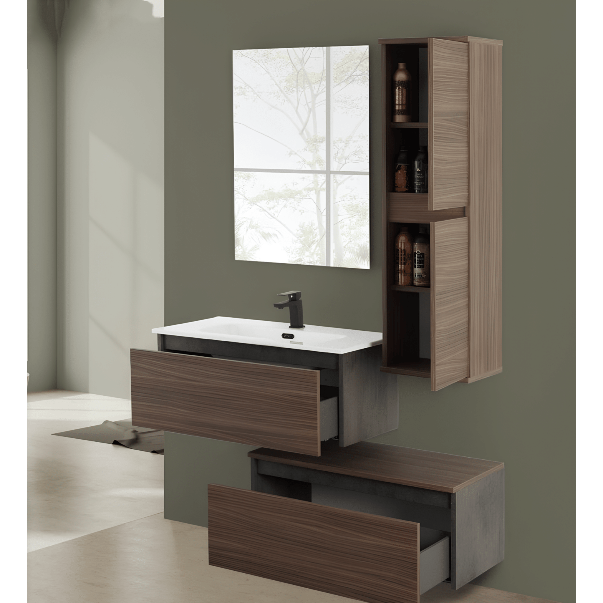 Mobile Bagno Sospeso Sfalsato 80 Cm Due Cassetti Specchio Feridras "Revital" Ossido Grigio/Noce Canaletto - Dabicasa