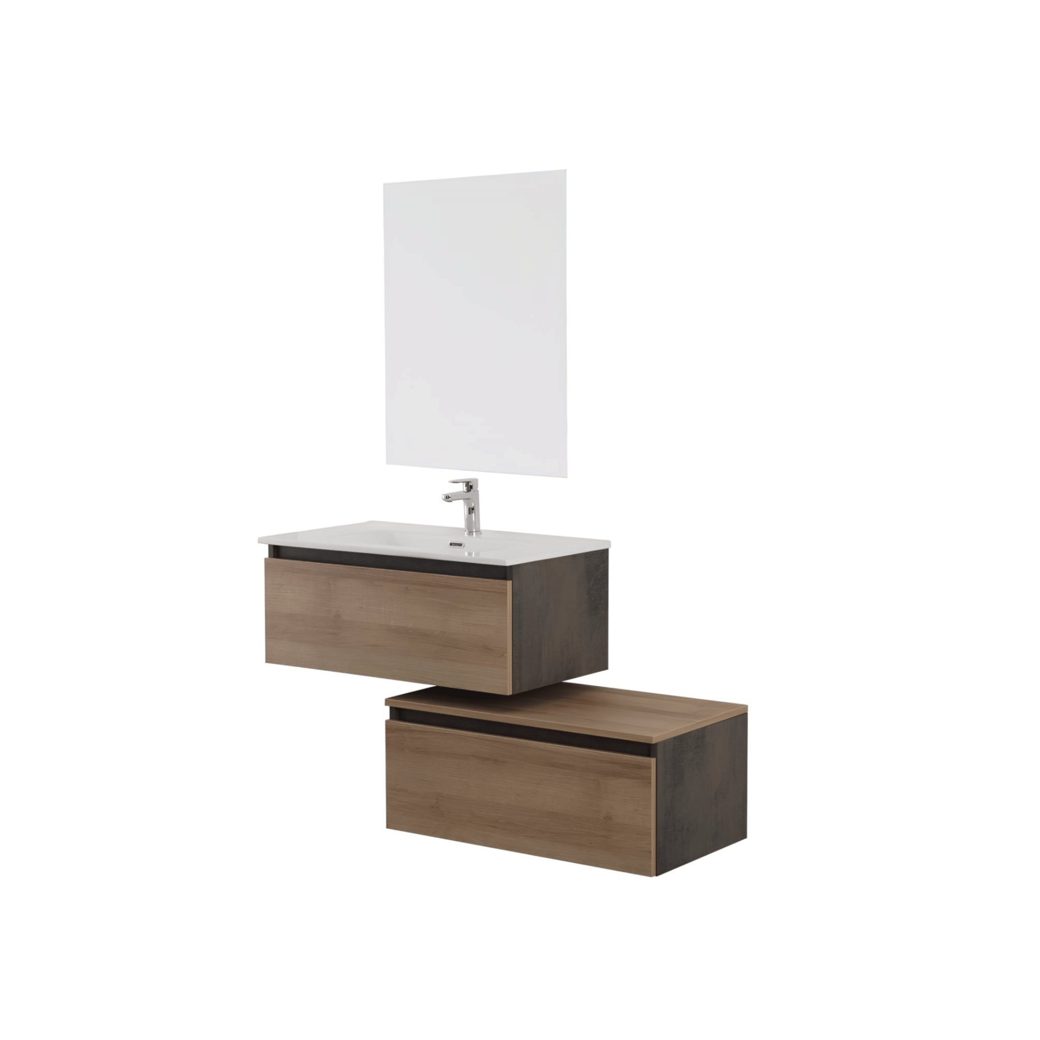 Mobile Bagno Sospeso Sfalsato 80 Cm Due Cassetti Specchio Feridras "Revital" Ossido Grigio/Noce Canaletto - Dabicasa