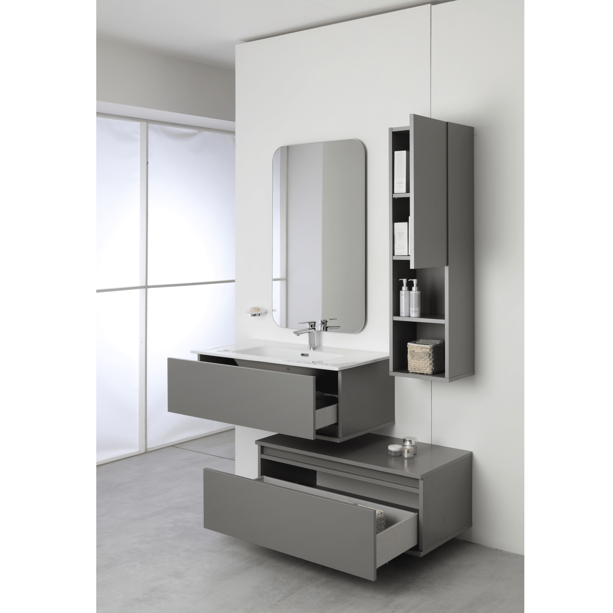 Mobile Bagno Sospeso Sfalsato 90 Cm Due Cassetti Specchio Feridras "Pastello" Grigio Medio - Dabicasa