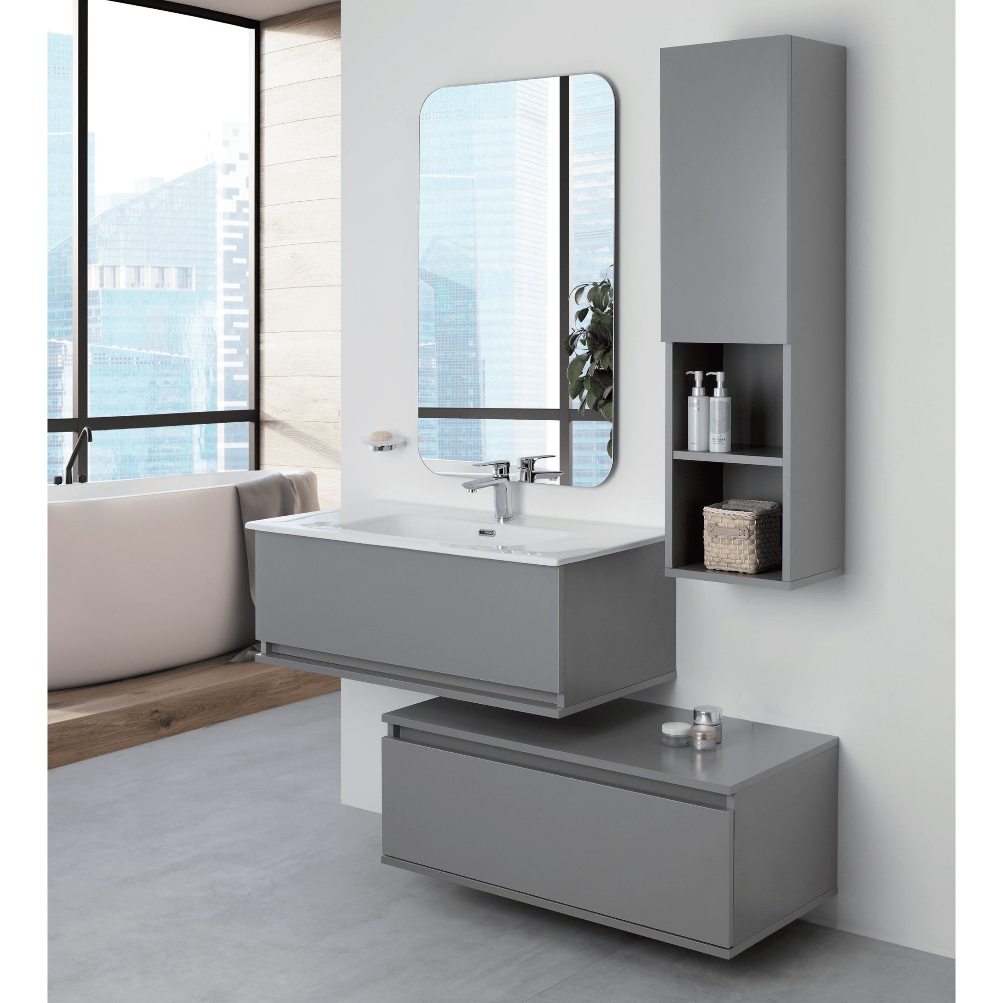 Mobile Bagno Sospeso Sfalsato 90 Cm Due Cassetti Specchio Feridras "Pastello" Grigio Medio - Dabicasa