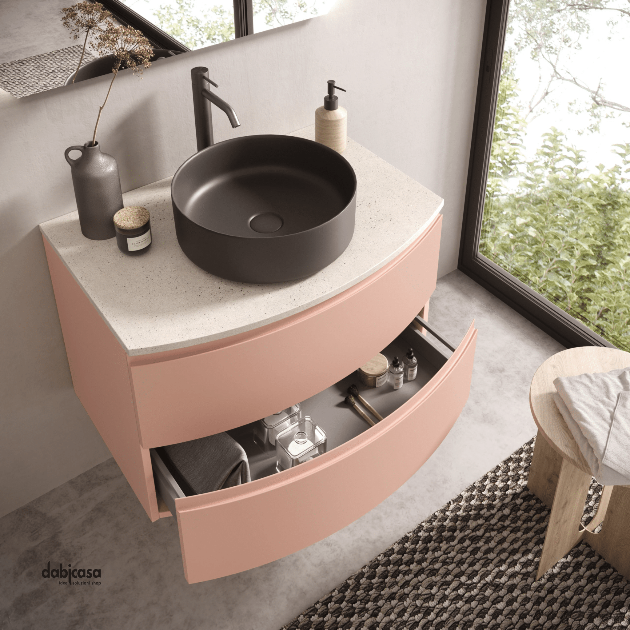 Mobile Bagno Sospeso "Sfera" Da 80 Cm Composto Da Due Cassetti Lavabo D'appoggio E Specchio Retroilluminato - Dabicasa