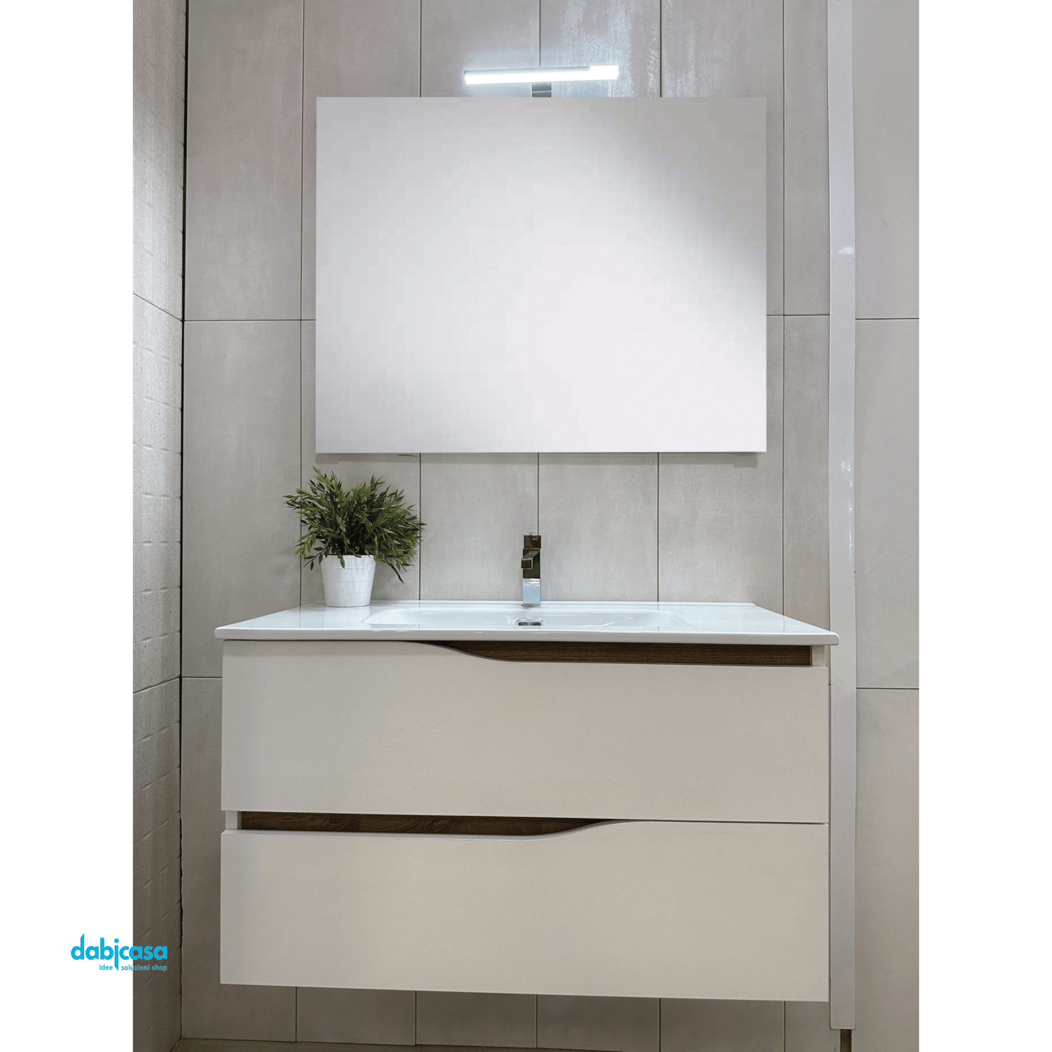 Mobile Bagno Sospeso "Smart" Da 80 Cm Composto Da Due Cassetti Lavabo E Specchio Con Lampada Led Finitura Bianco/Sherwood Natural - Dabicasa