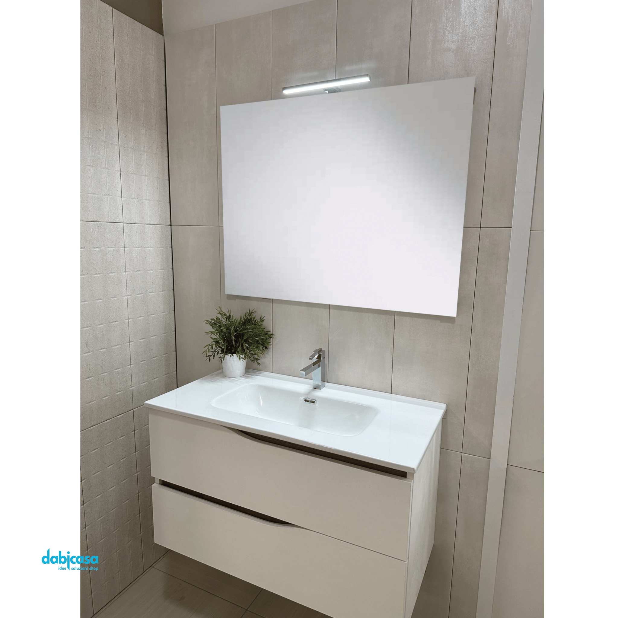 Mobile Bagno Sospeso "Smart" Da 90 Cm Composto Da Due Cassetti Lavabo E Specchio Con Lampada Led Finitura Bianco/Sherwood Natural - Dabicasa