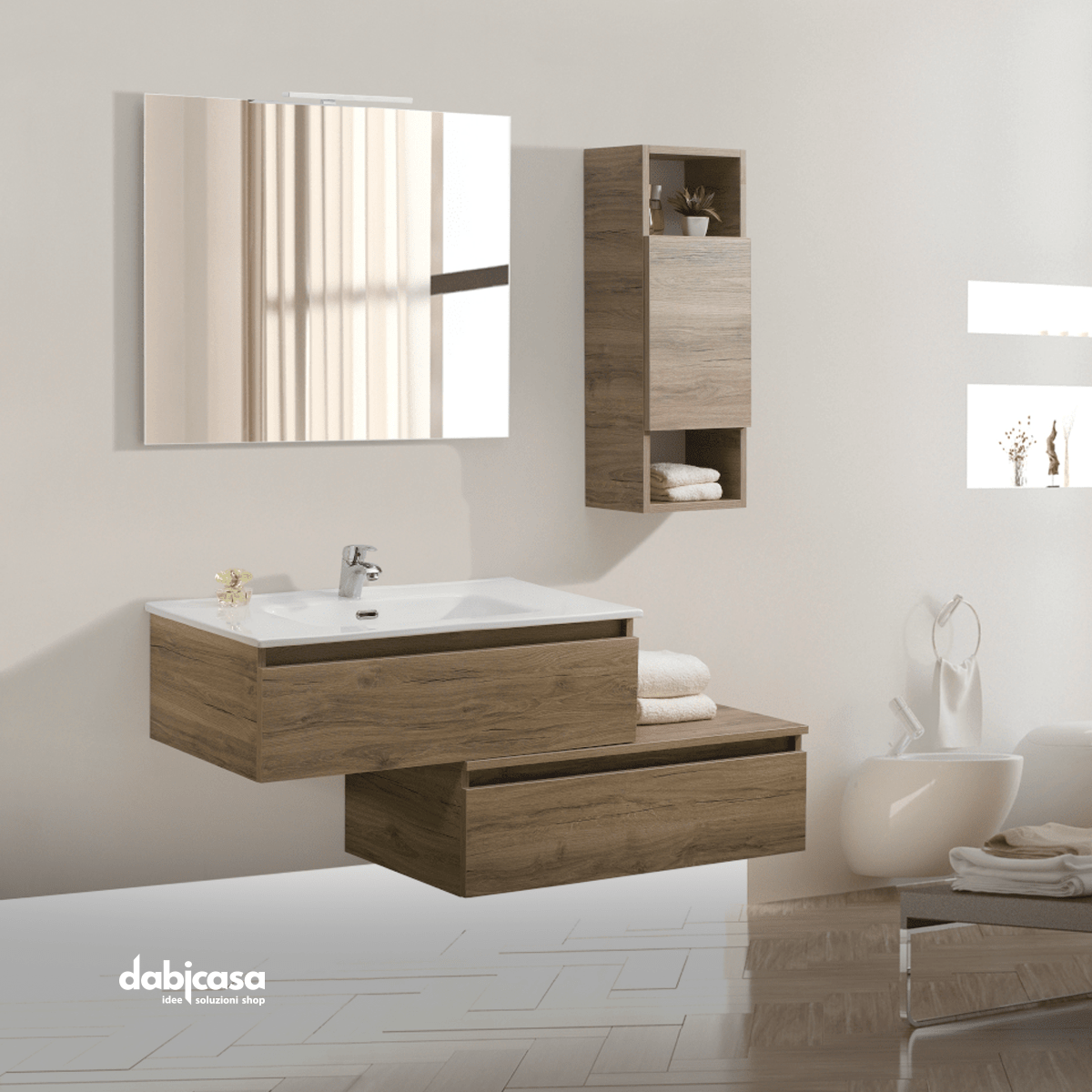 Mobile Bagno Sospeso "Sorrento" Da 90 Cm Composto Da Due Cassetti Sfalsati Lavabo E Specchio Con Lampada Led - Dabicasa