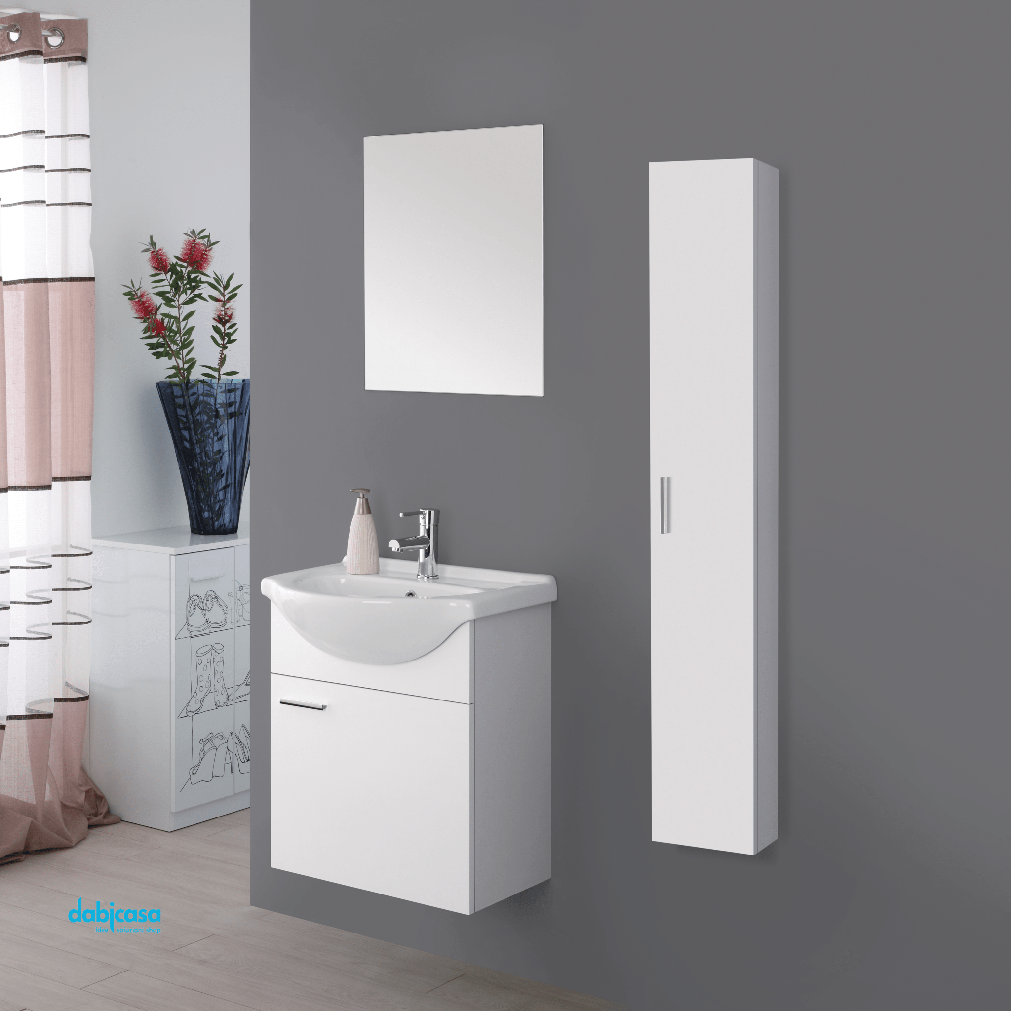 Mobile Bagno Sospeso "Stella" Da 55 cm Con Un'Anta Lavabo E Specchio Finitura Bianco Lucido - Dabicasa