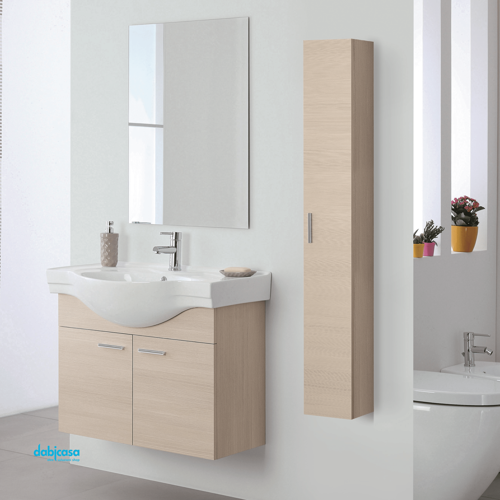 Mobile Bagno Sospeso "Stella" Da 80 Cm Composto Da Due Ante Lavabo E Specchio Finitura Larice - Dabicasa