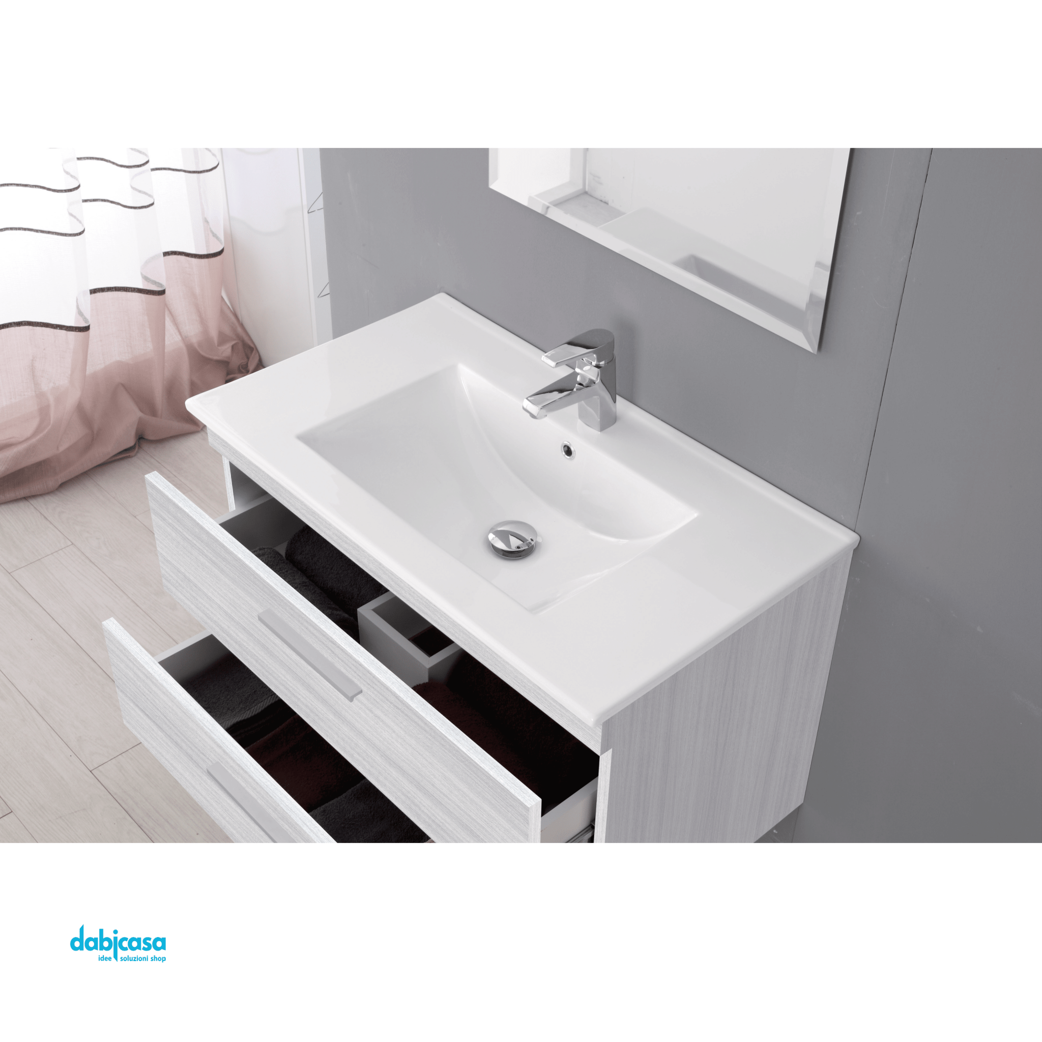 Mobile Bagno Sospeso "Stella" Da 80 Cm Composto Da Due Cassetti Lavabo E Specchio Finitura Grigio - Dabicasa