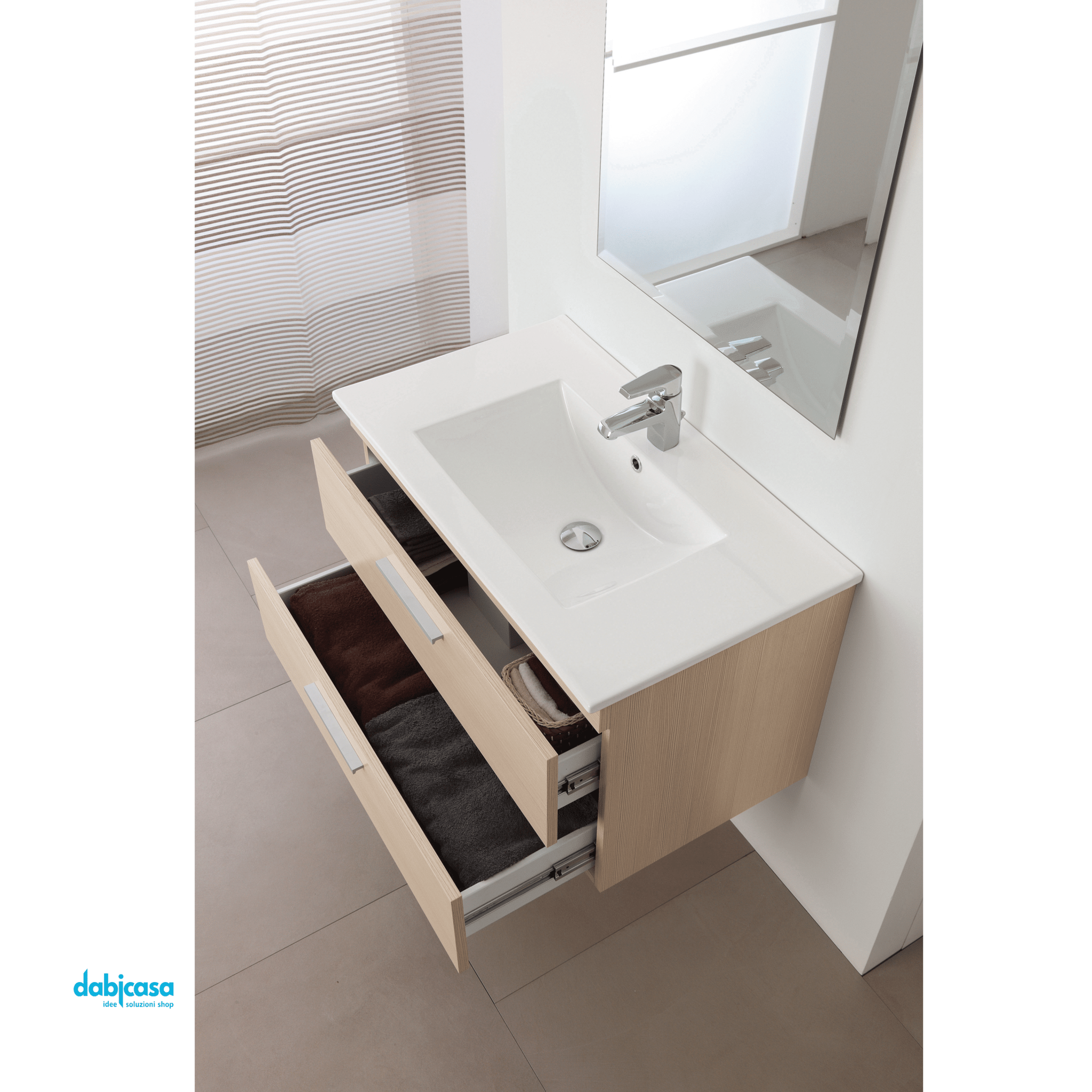 Mobile Bagno Sospeso "Stella" Da 80 Cm Composto Da Due Cassetti Lavabo E Specchio Finitura Larice - Dabicasa