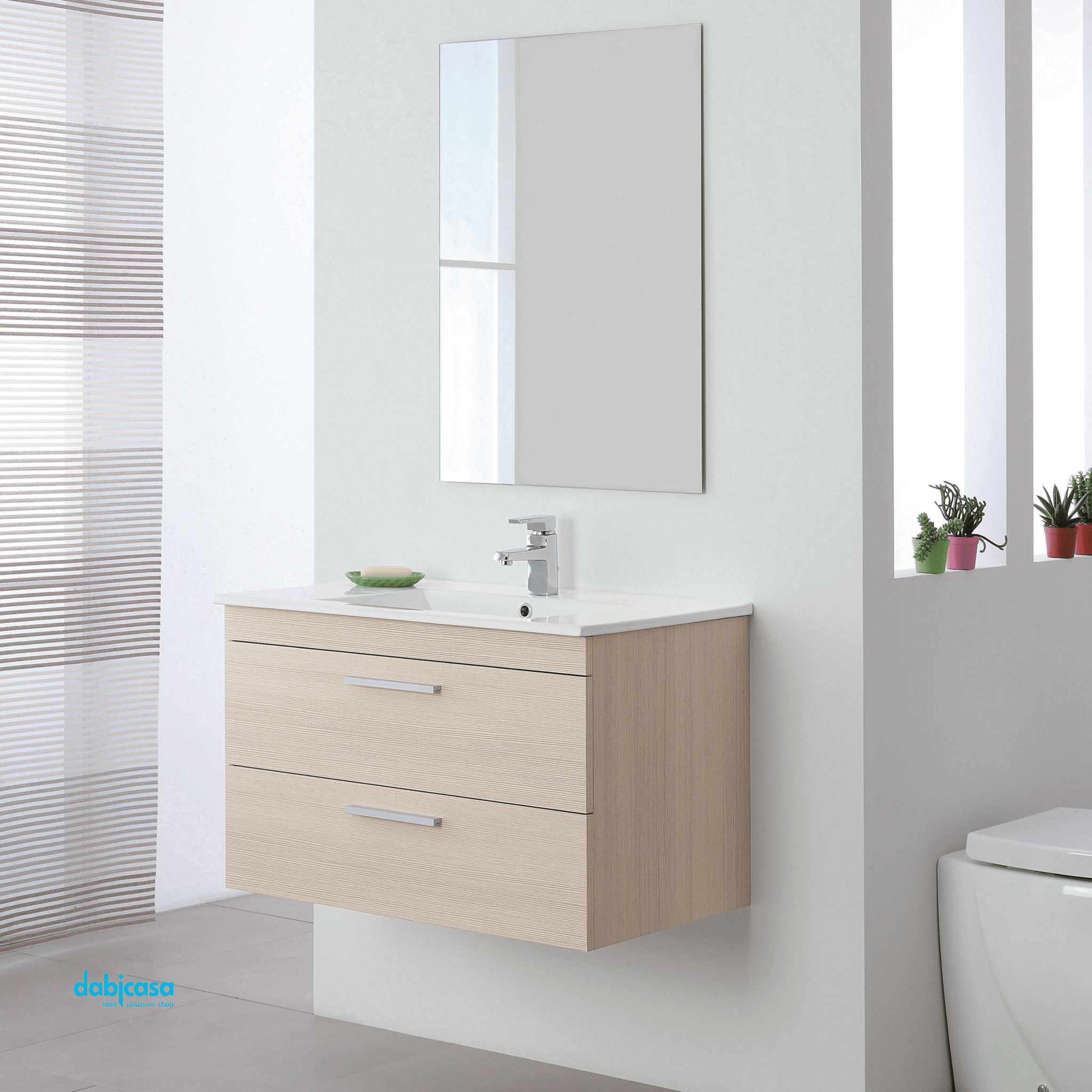 Mobile Bagno Sospeso "Stella" Da 80 Cm Composto Da Due Cassetti Lavabo E Specchio Finitura Larice - Dabicasa