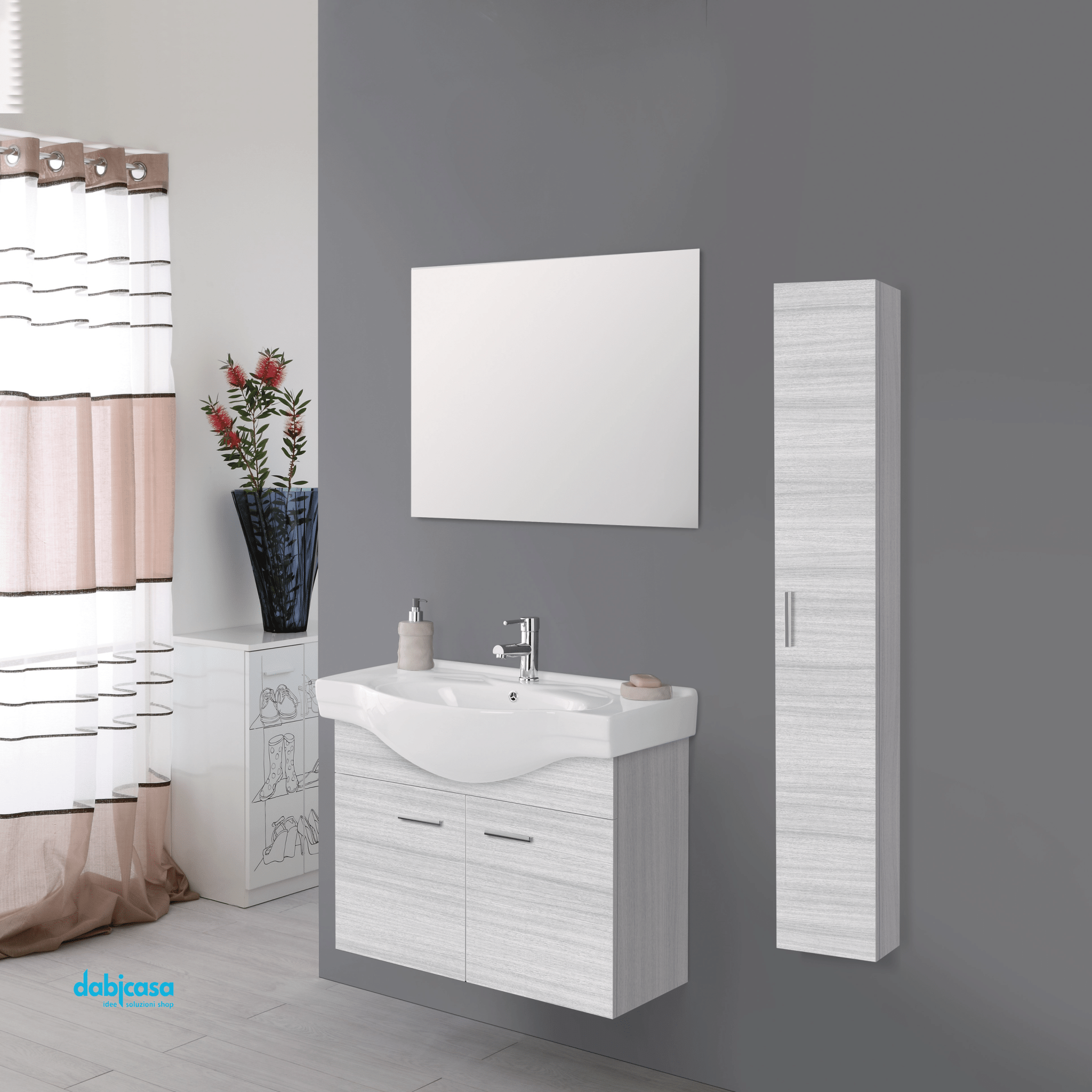 Mobile Bagno Sospeso "Stella" Da 85 Cm Composto Da Due Ante Lavabo E Specchio Finitura Grigio - Dabicasa