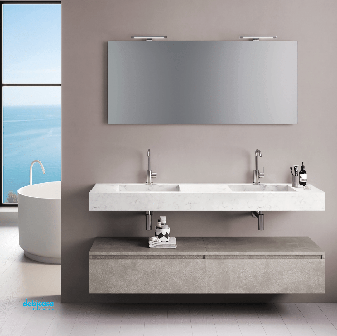 Mobile Bagno Sospeso "Surf" Da 180 Cm Composto Da Due Cassetti Ed Un Mensolone Top Doppia Vasca Lavabo E Specchio Con Due Lampade Led - Dabicasa