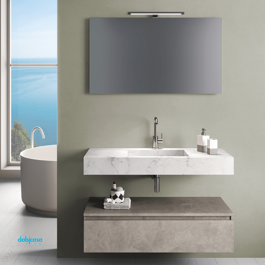 Mobile Bagno Sospeso "Surf" Da 90 Cm Composto Da Un Cassetto Mensolone Top Lavabo E Specchio Con Lampada Led - Dabicasa