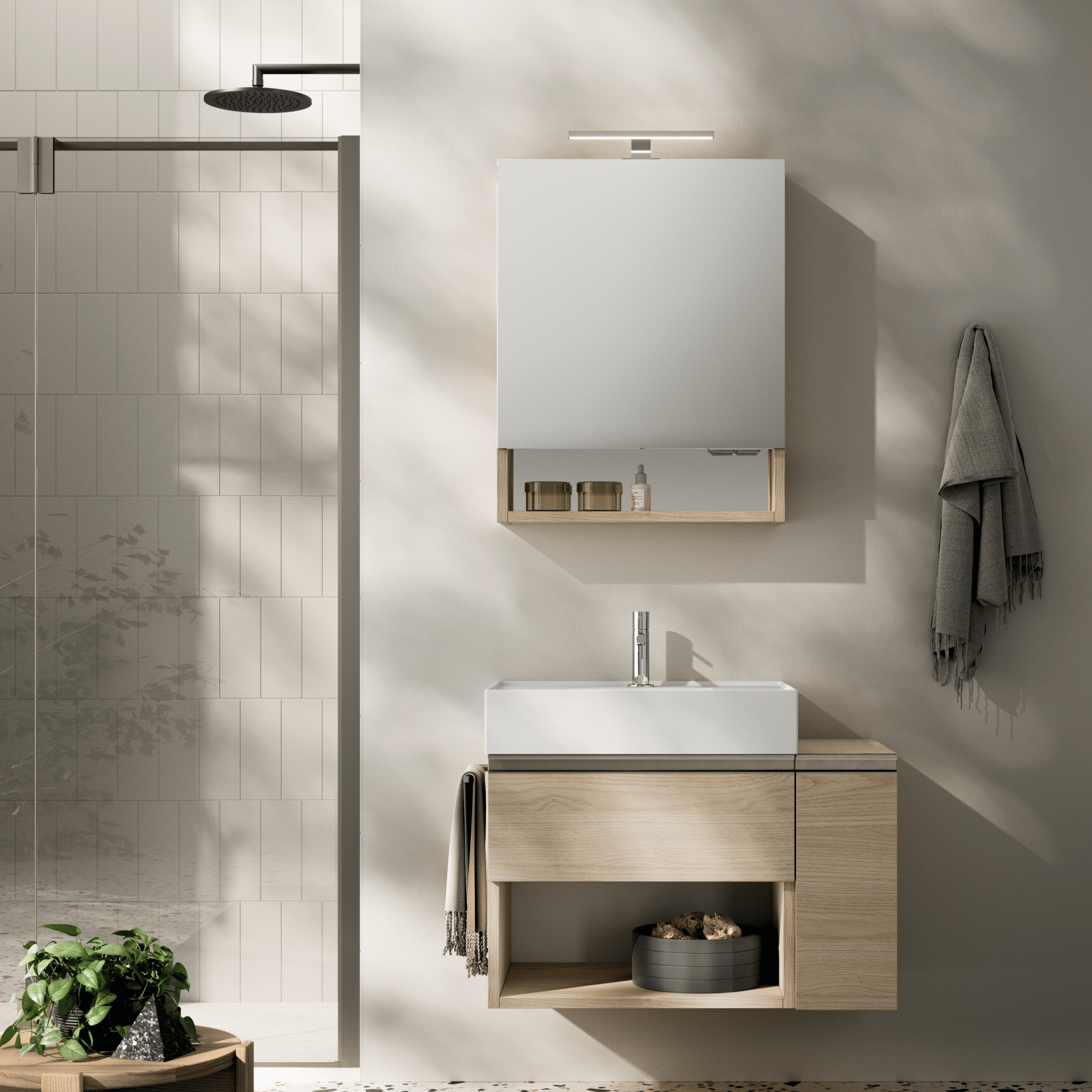 Mobile Bagno Sospeso Un Cassetto Con Vano a Giorno Un'Anta Specchio Con Illuminazione Led Artesi "#12" Rovere White/Nichel - Dabicasa