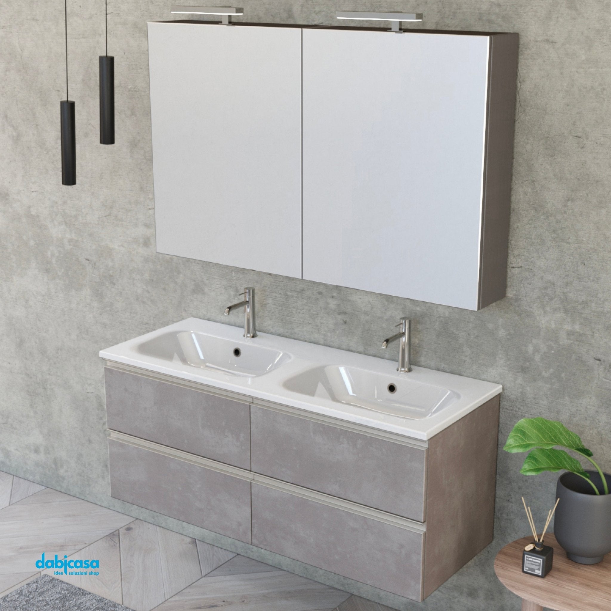 Mobile Bagno Sospeso "Unit Four" Da 120 Cm Composto Da Due 4 Cassetti e Doppia Vasca Cemento Grigio Lavainitura - Dabicasa