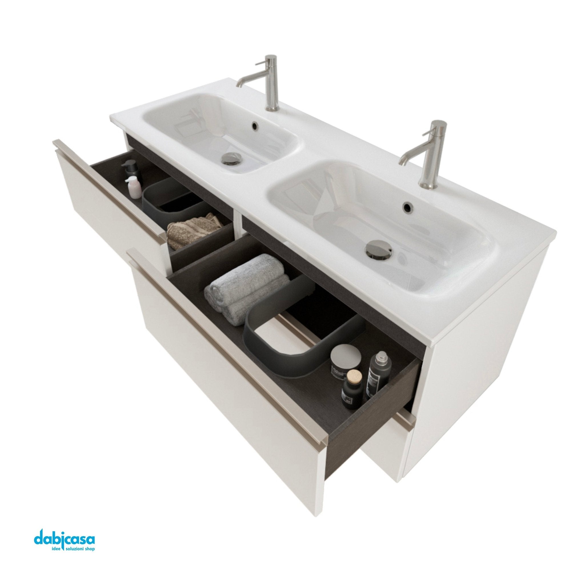 Mobile Bagno Sospeso "Unit Four" Da 120 Cm Composto Da Due Cassetti e Doppia Vasca Finitura Bianco Opaco - Dabicasa