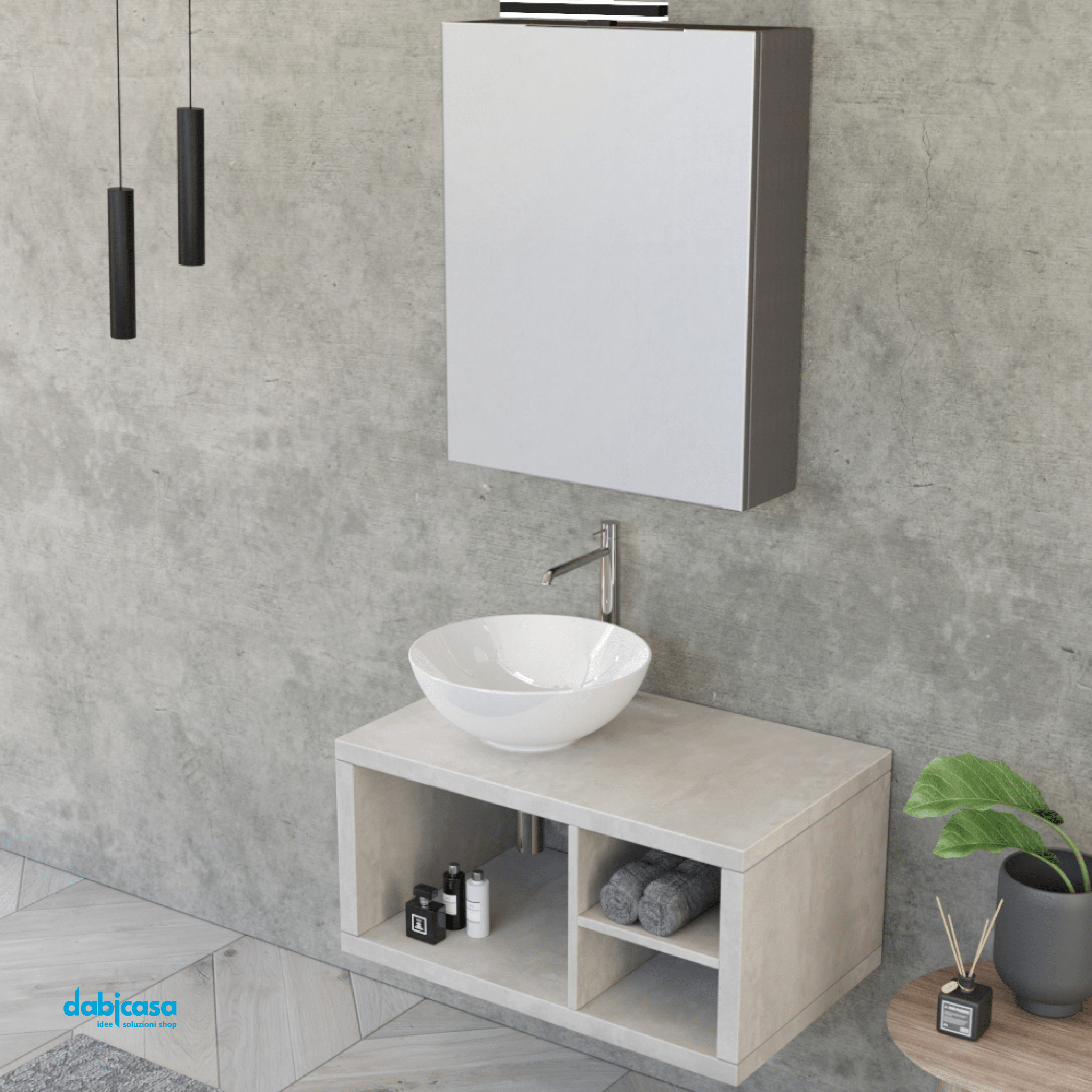 Mobile Bagno Sospeso "Unit Four" Da 80 Cm Composto Da Vani a Giorno Finitura Cemento Grigio Caldo - Dabicasa